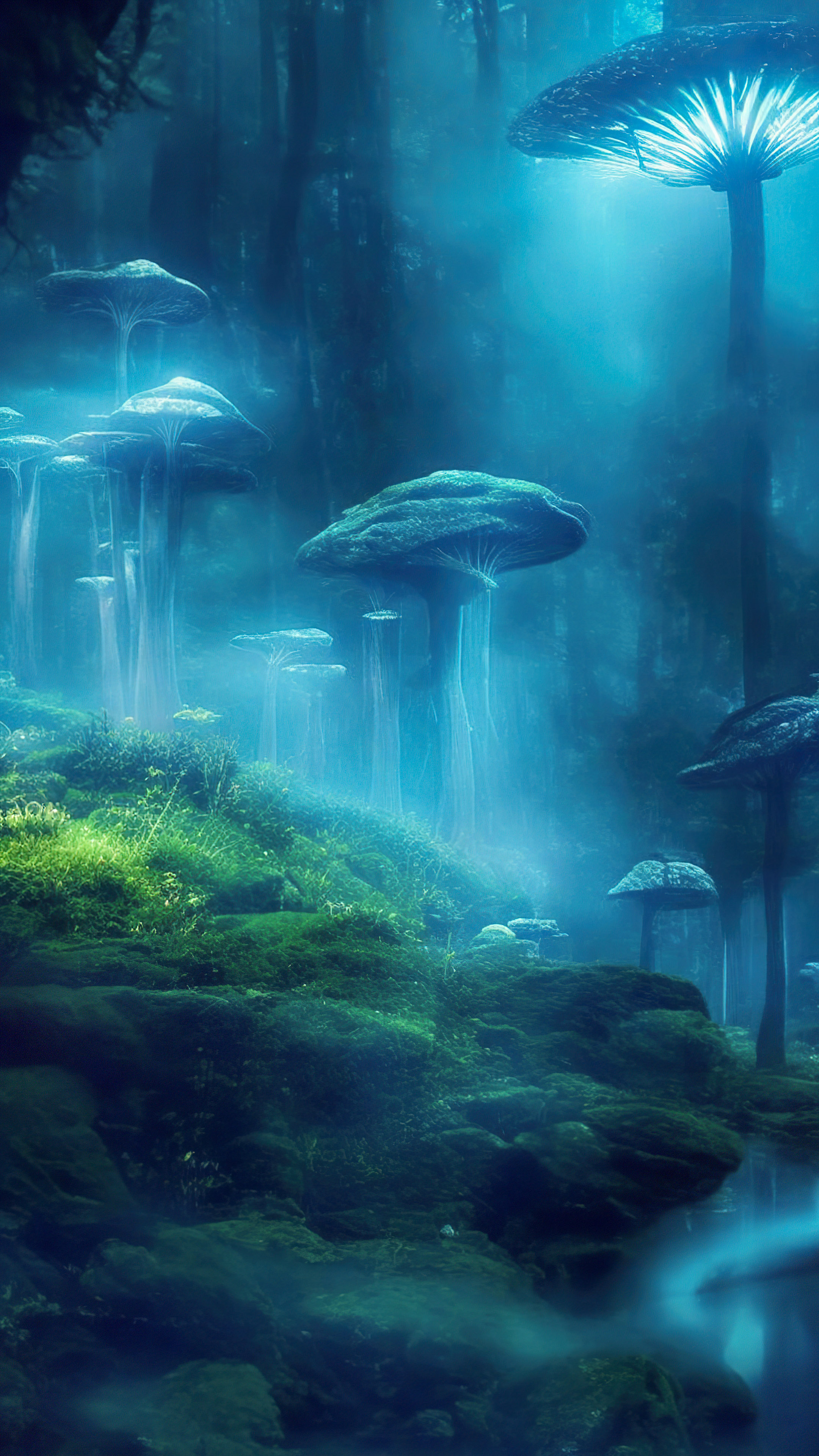 Bring the beauty of a mystical glen to your iPhone with our beautiful nature wallpaper, showcasing bioluminescent mushrooms that create an enchanting, otherworldly scene.