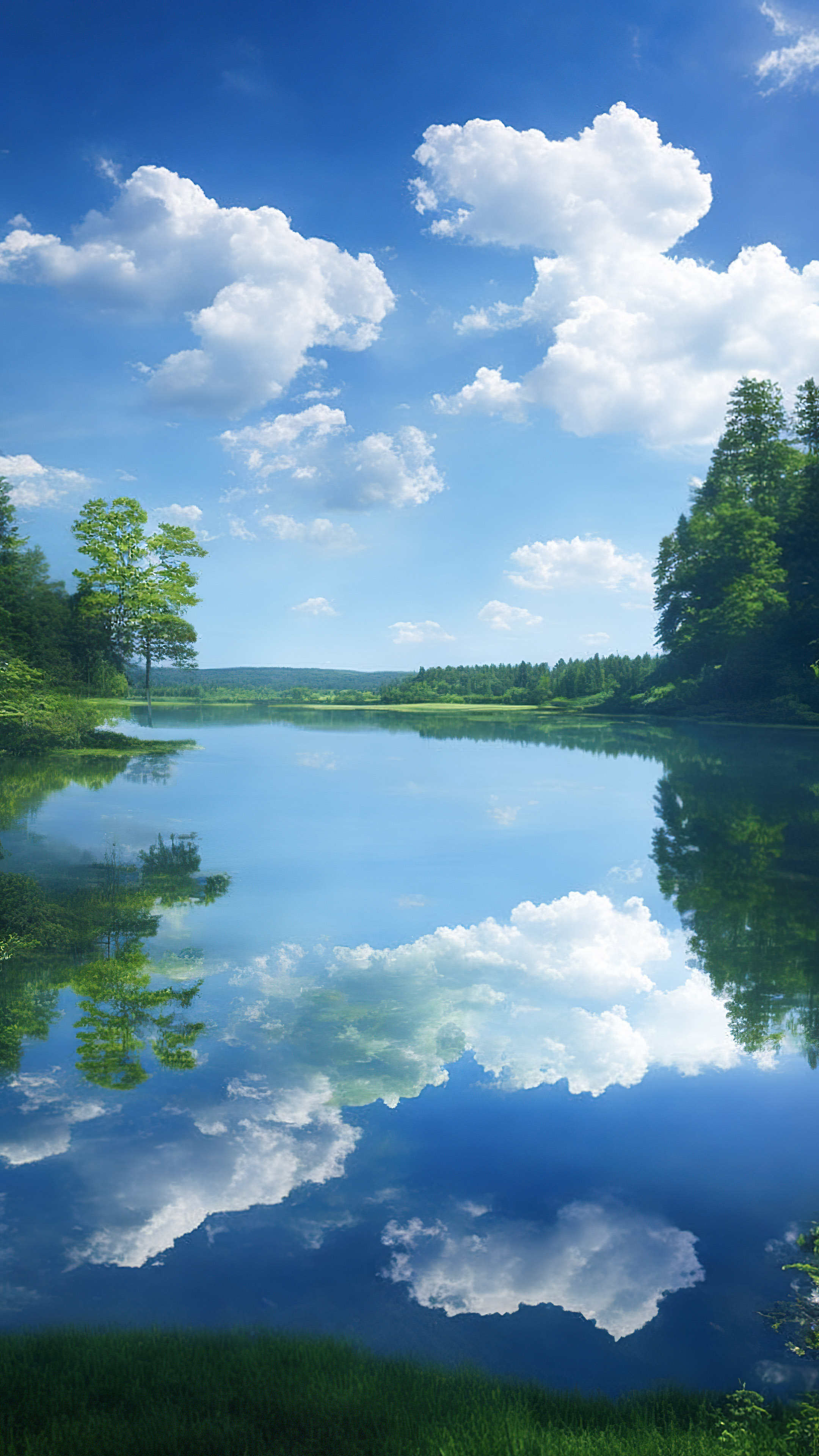 Téléchargez ce fond d’écran serein de ciel bleu et transformez l’arrière-plan de votre appareil en un lac serein reflétant un ciel parsemé de nuages, entouré de forêts verdoyantes. 