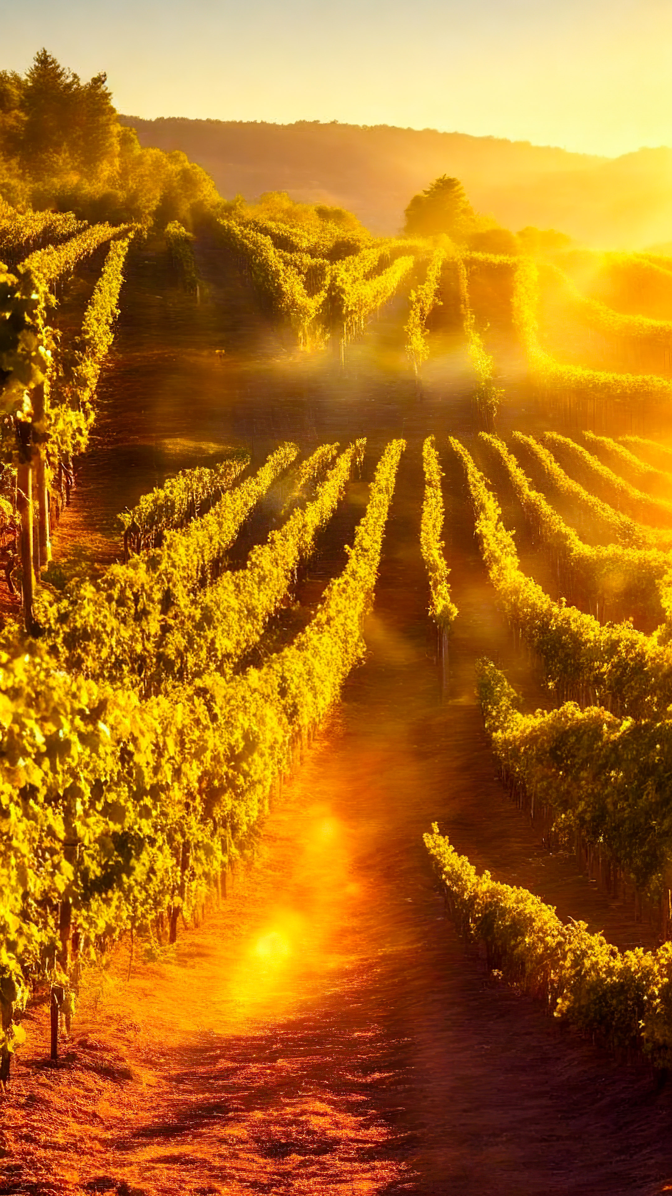 Profitez de la chaleur de notre fond d'écran de beaux paysages pour iPhone XS, présentant un vignoble pittoresque baigné de soleil doré, avec des rangées de vignes s'étendant à l'horizon.