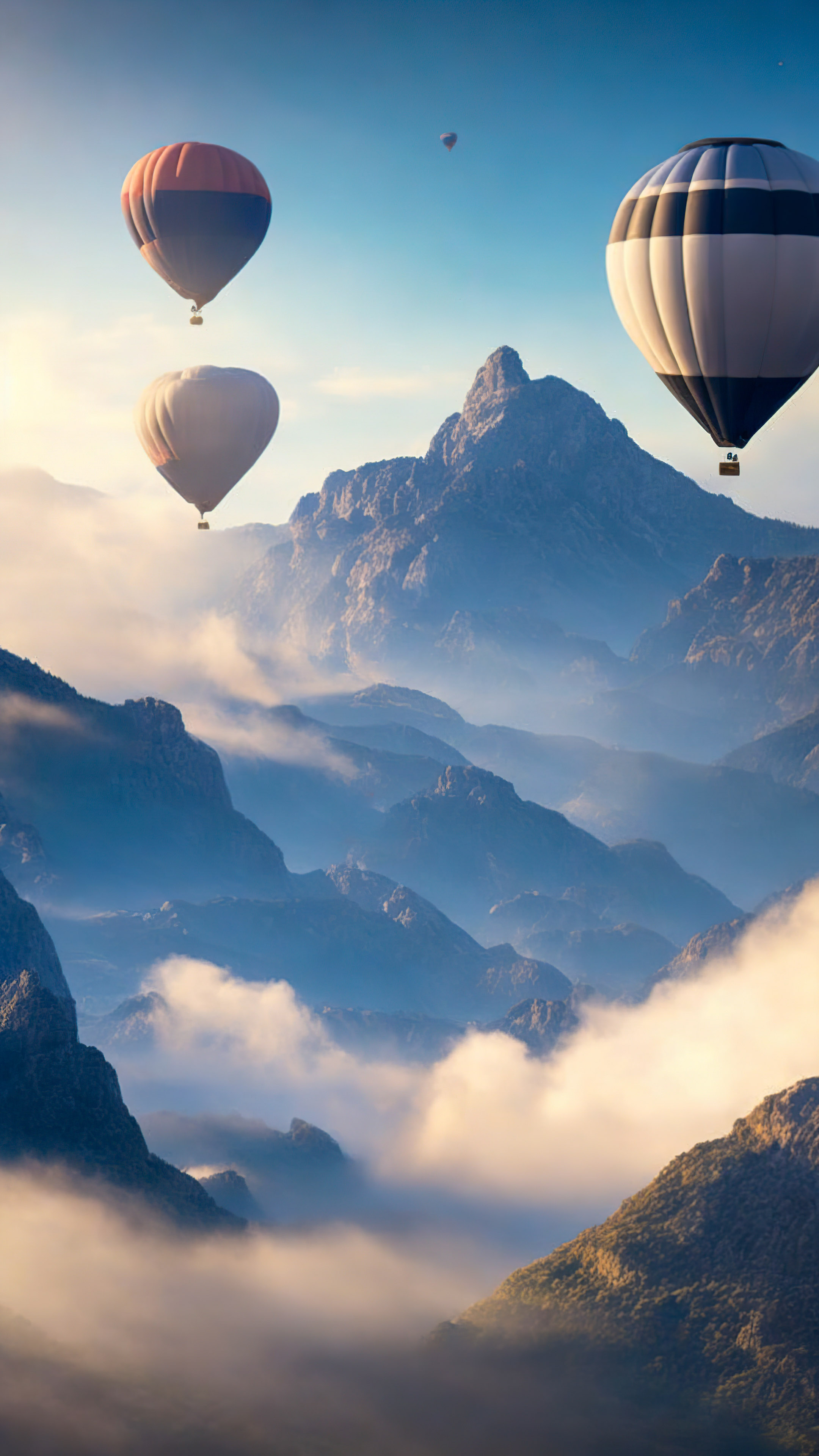 Obtenez une perspective surréaliste avec notre fond d'écran de paysage pour iPhone, dépeignant un ciel rempli de montgolfières flottant paisiblement au-dessus d'un paysage montagneux brumeux.