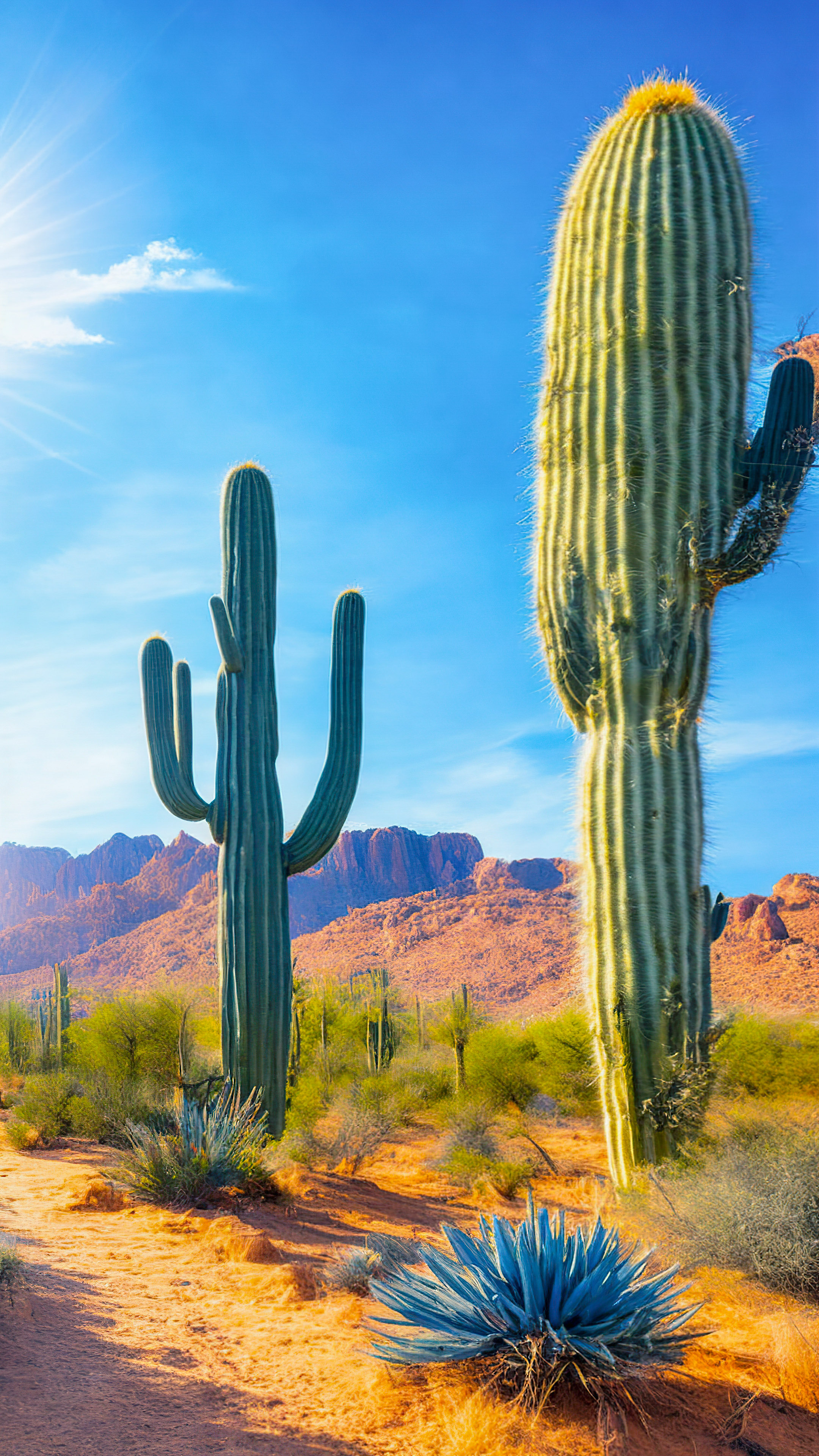 Savourez la splendeur de notre fond d'écran nature en 4K pour iPhone, illustrant un paysage désertique baigné de soleil avec des cactus saguaro imposants sous un ciel bleu infini.