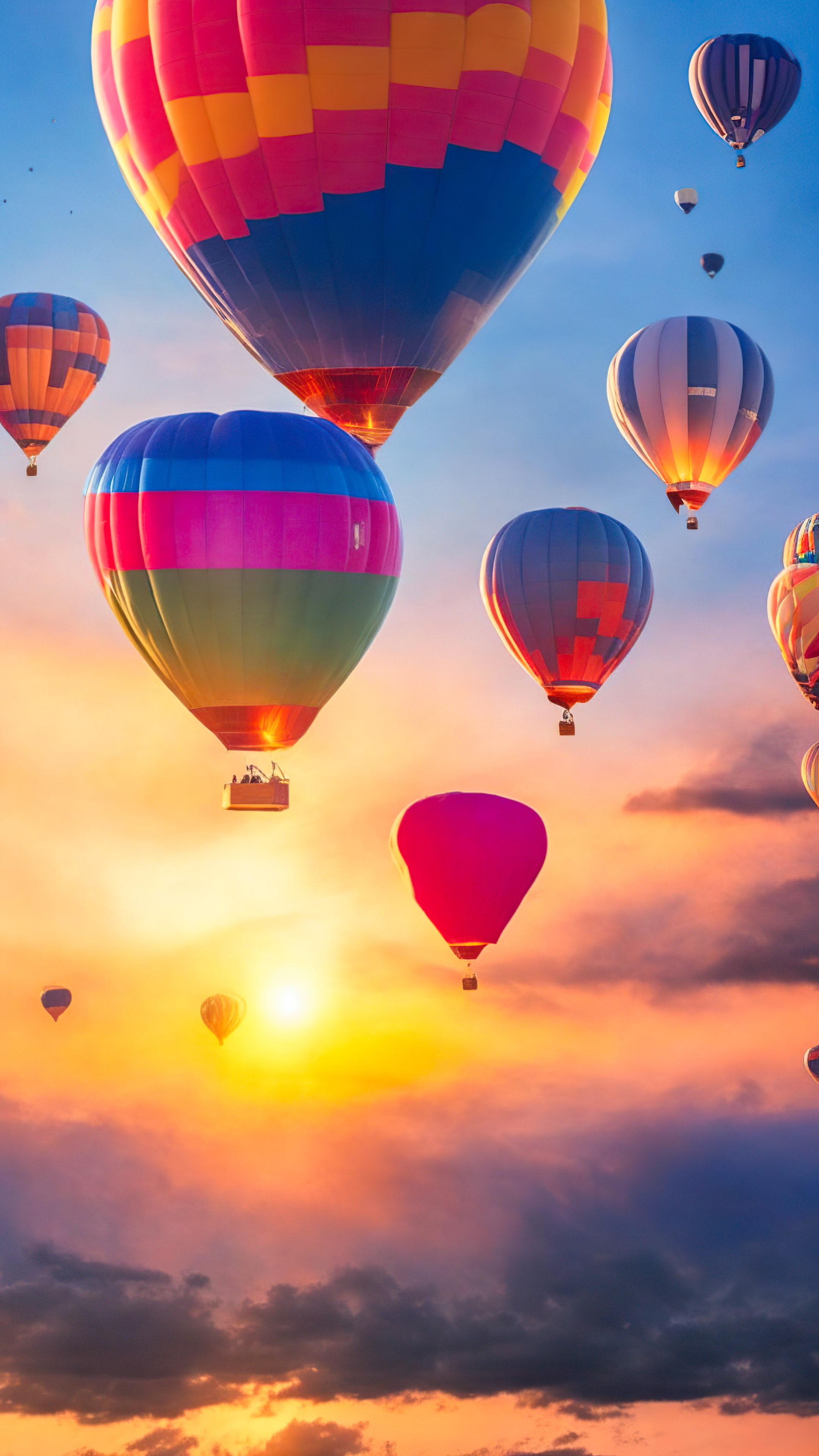 Experience the whimsy of a dreamy sky filled with floating, colorful hot air balloons at sunrise with our nature wallpaper in full HD.