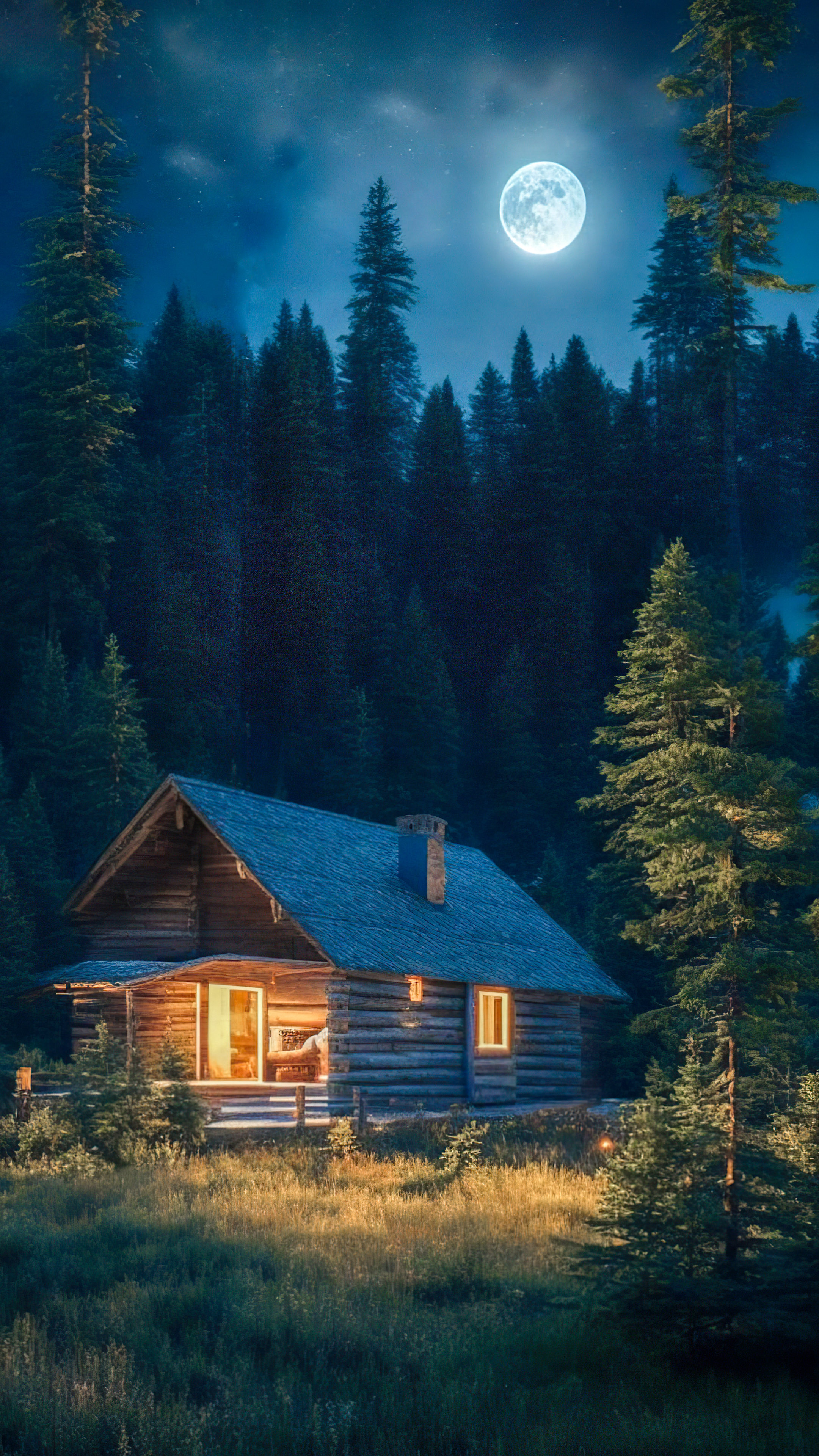 Embrace the serenity of our night nature wallpaper, depicting a cozy cabin nestled among pine trees, bathed in the gentle light of a full moon.