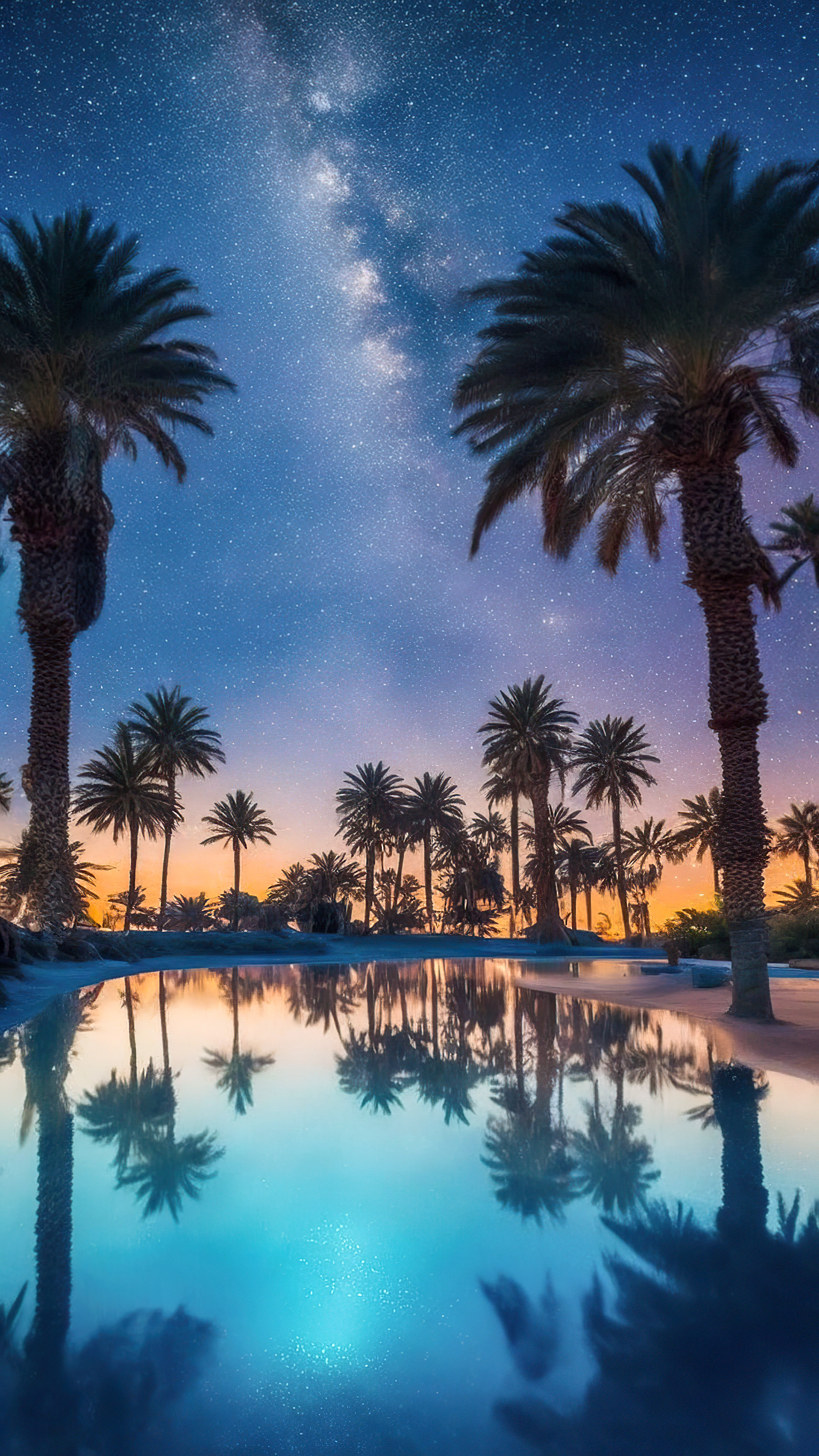 Émerveillez-vous devant la beauté de notre fond d'écran de ciel étoilé, capturant une oasis désertique sous la Voie lactée, où des palmiers entourent une piscine sereine et étoilée.