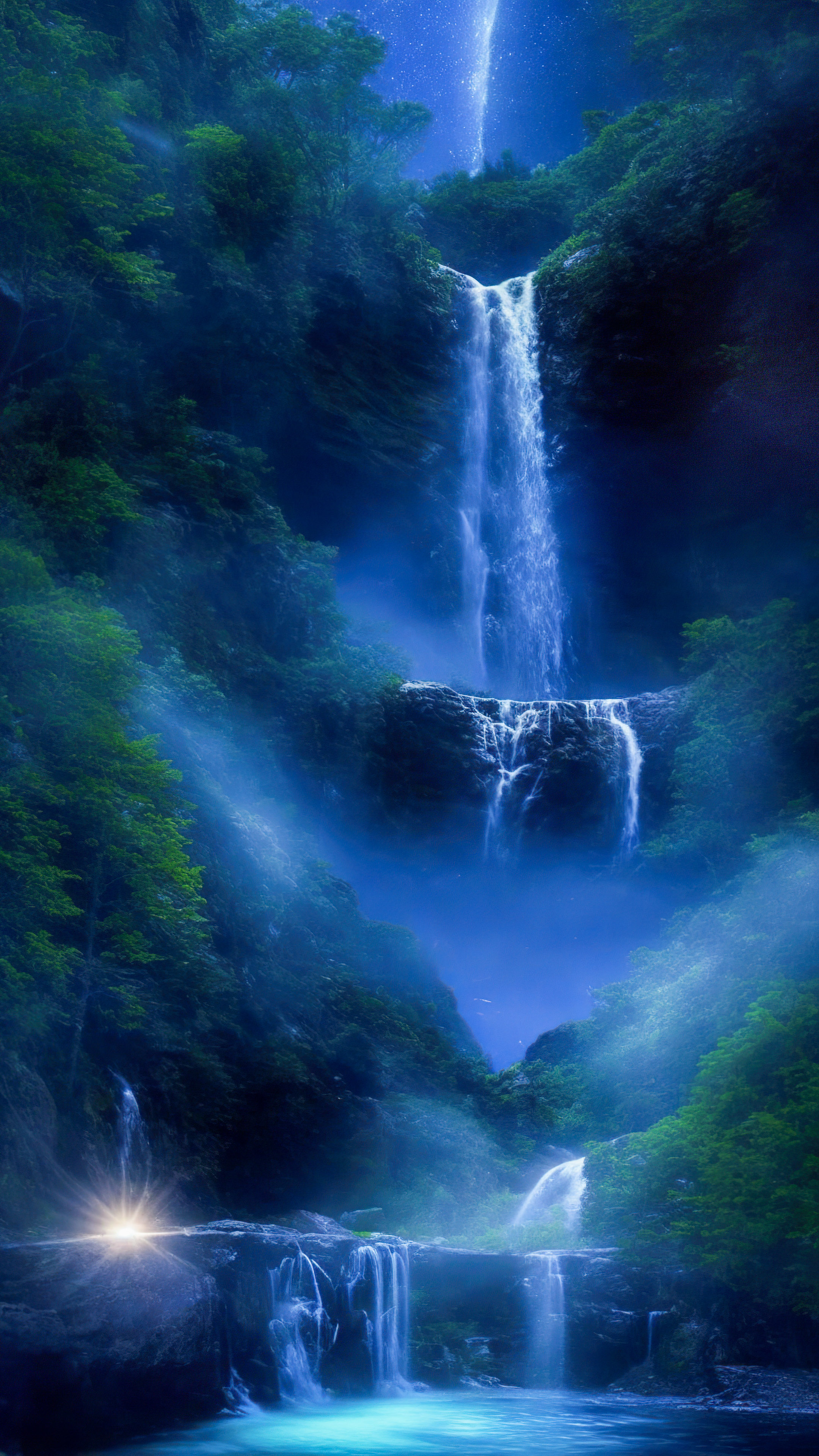 Immergez-vous dans l'enchantement de notre fond d'écran nature en HD, présentant une cascade magique illuminée par le clair de lune, avec des lucioles dansant autour de ses eaux en cascade.