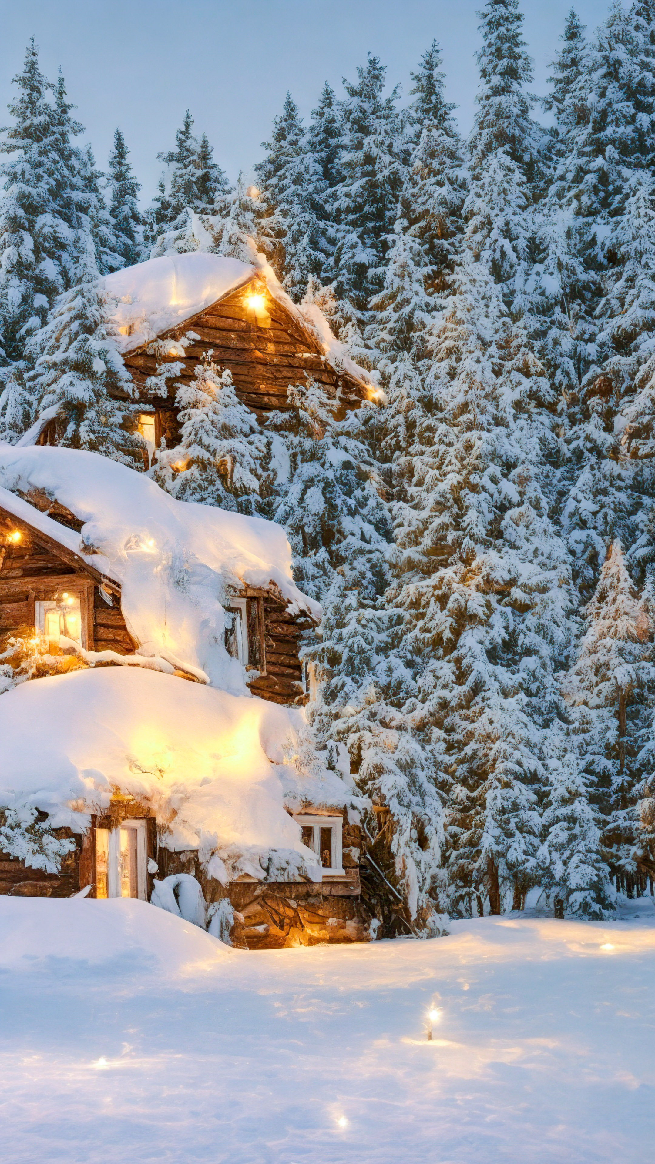 Experience the tranquility of a serene winter wonderland, where snow-covered trees and a cozy cabin adorned with holiday lights come alive in our 4K beautiful nature wallpaper.