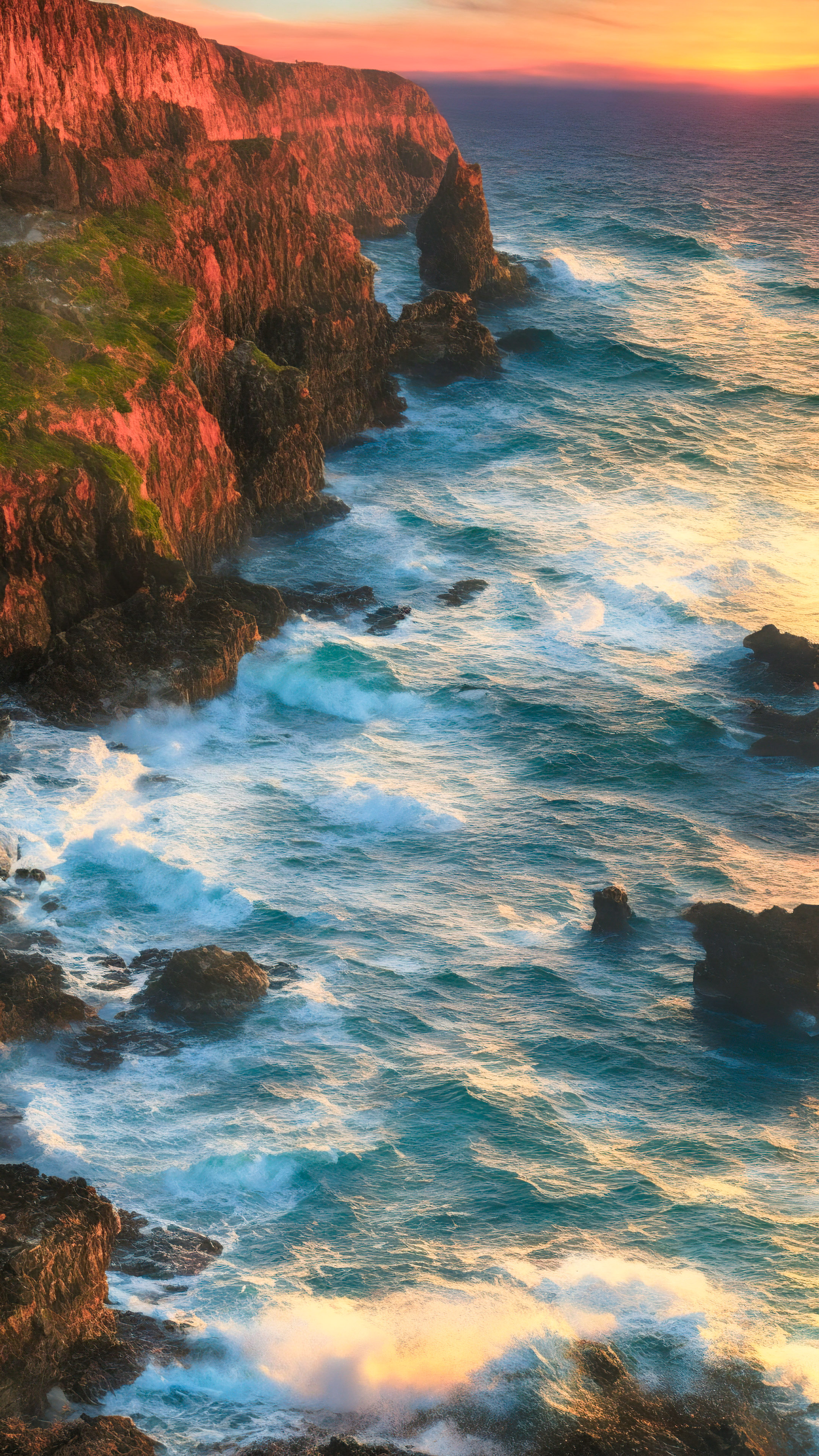 A stunning coastal view unfolds in our beautiful landscape in 4K, where rugged cliffs meet crashing waves under a fiery sunset.