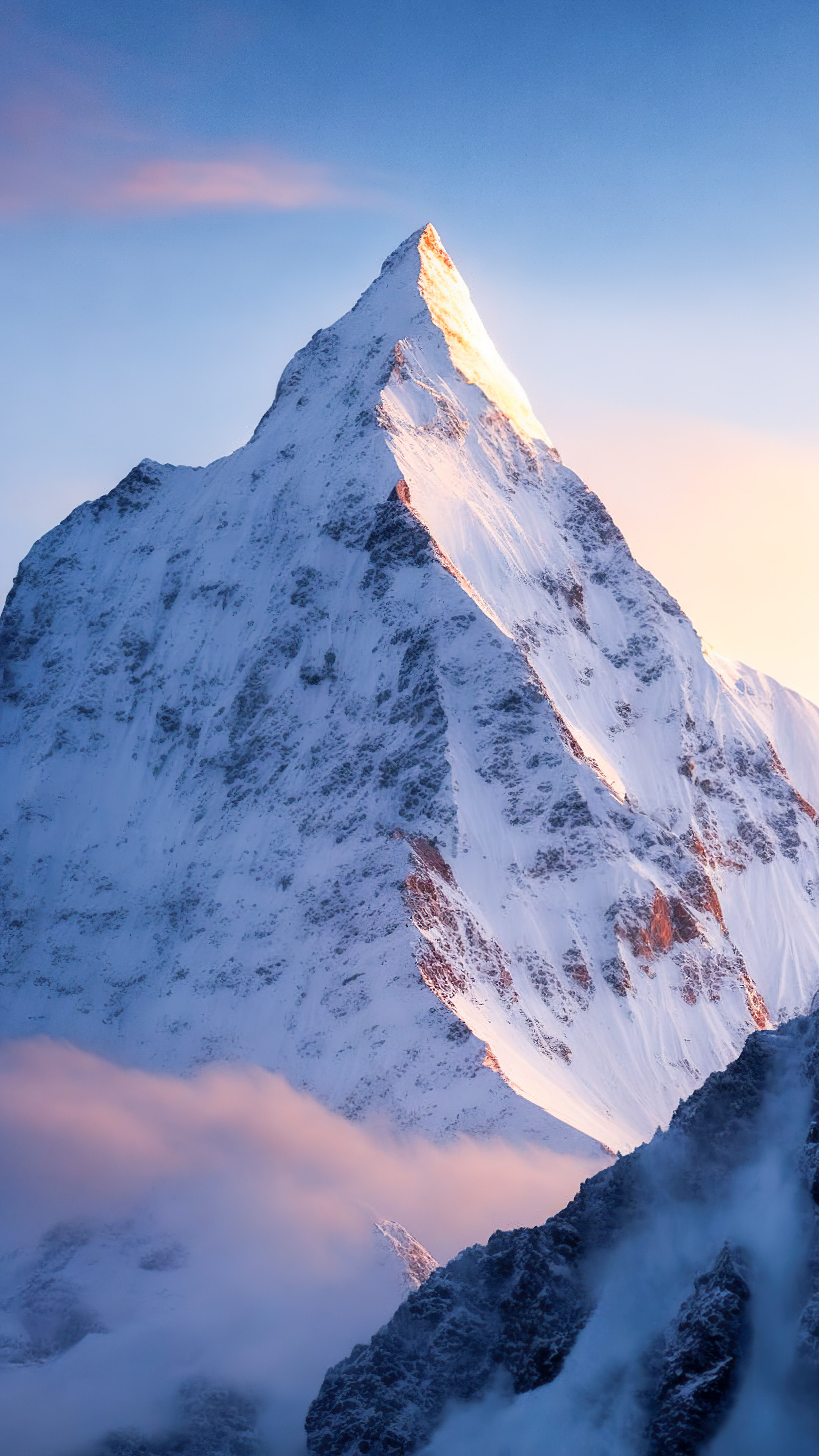 Admirez l'élégance d'un sommet de montagne pittoresque embrassé par la première lumière de l'aube sous un ciel bleu pâle avec notre fond d'écran en 4K des paysages pour iPhone.