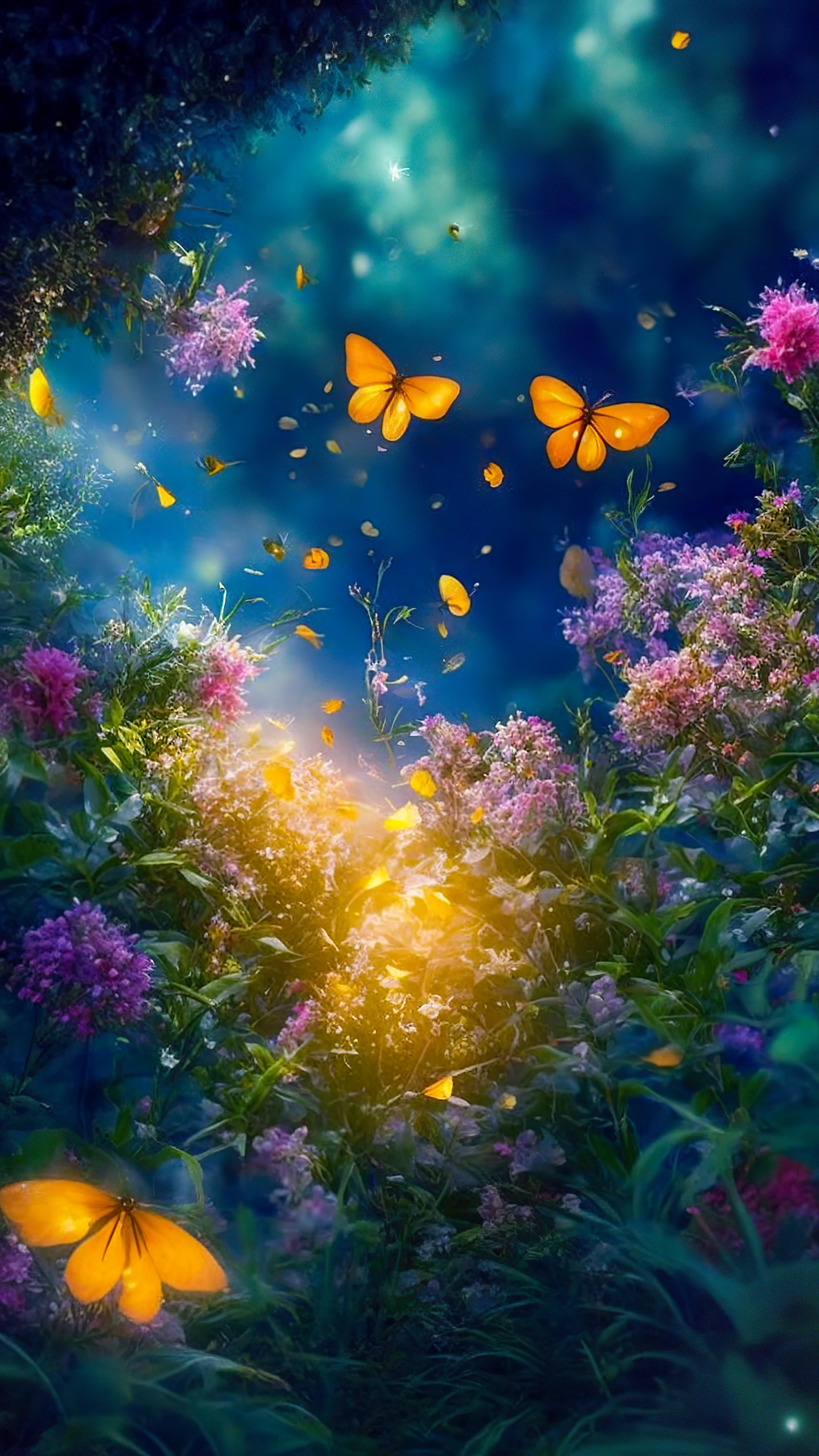 Perdez-vous dans le charme fantasque d'un jardin magique la nuit, où les lucioles dansent autour de fleurs vibrantes et luminescentes avec notre fond d'écran en 4K des paysages pour téléphone.