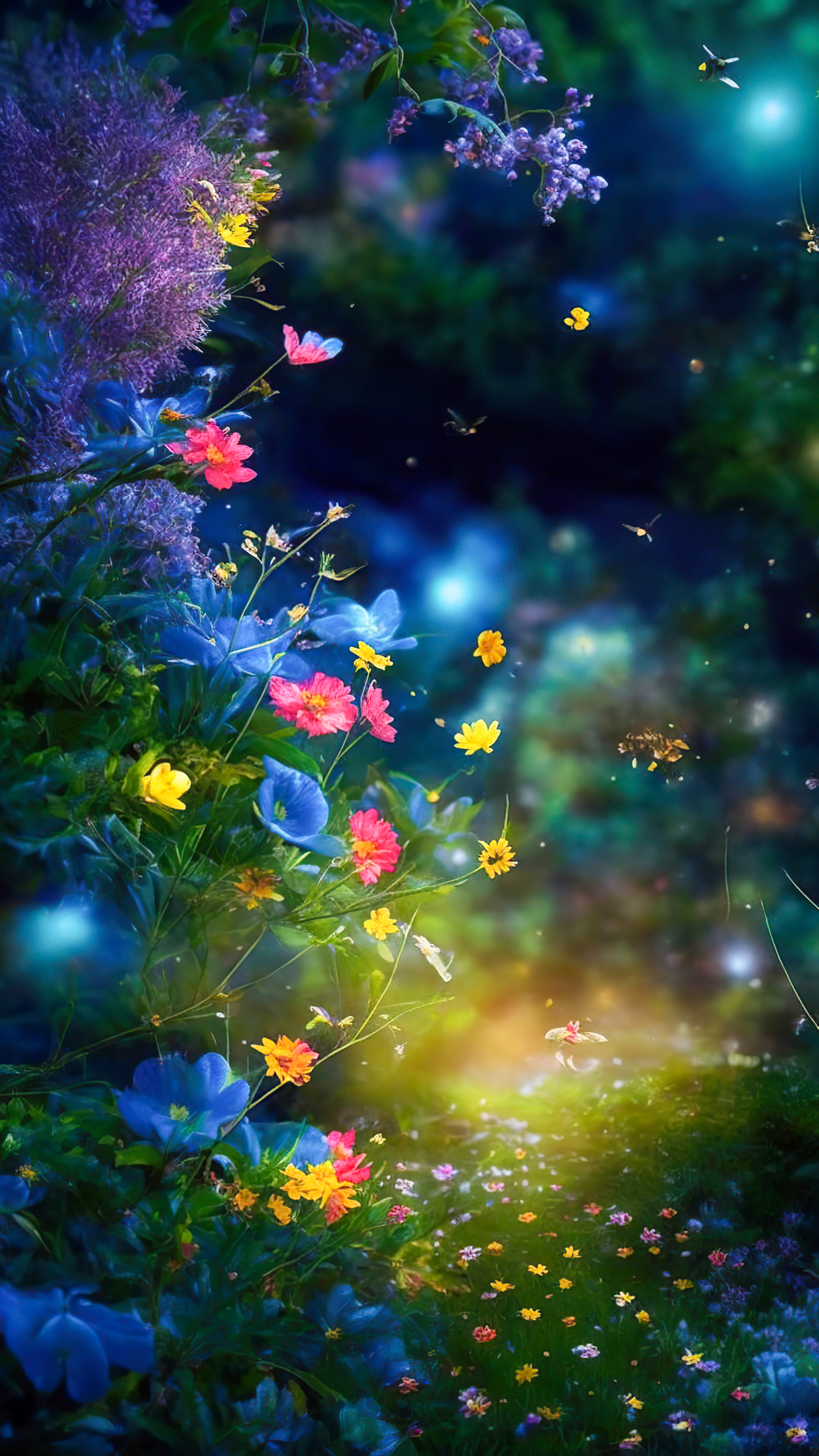 Experience the mystery with our beautiful dark nature wallpaper, illustrating a magical and whimsical garden at night, where fireflies dance around vibrant, luminescent flowers.