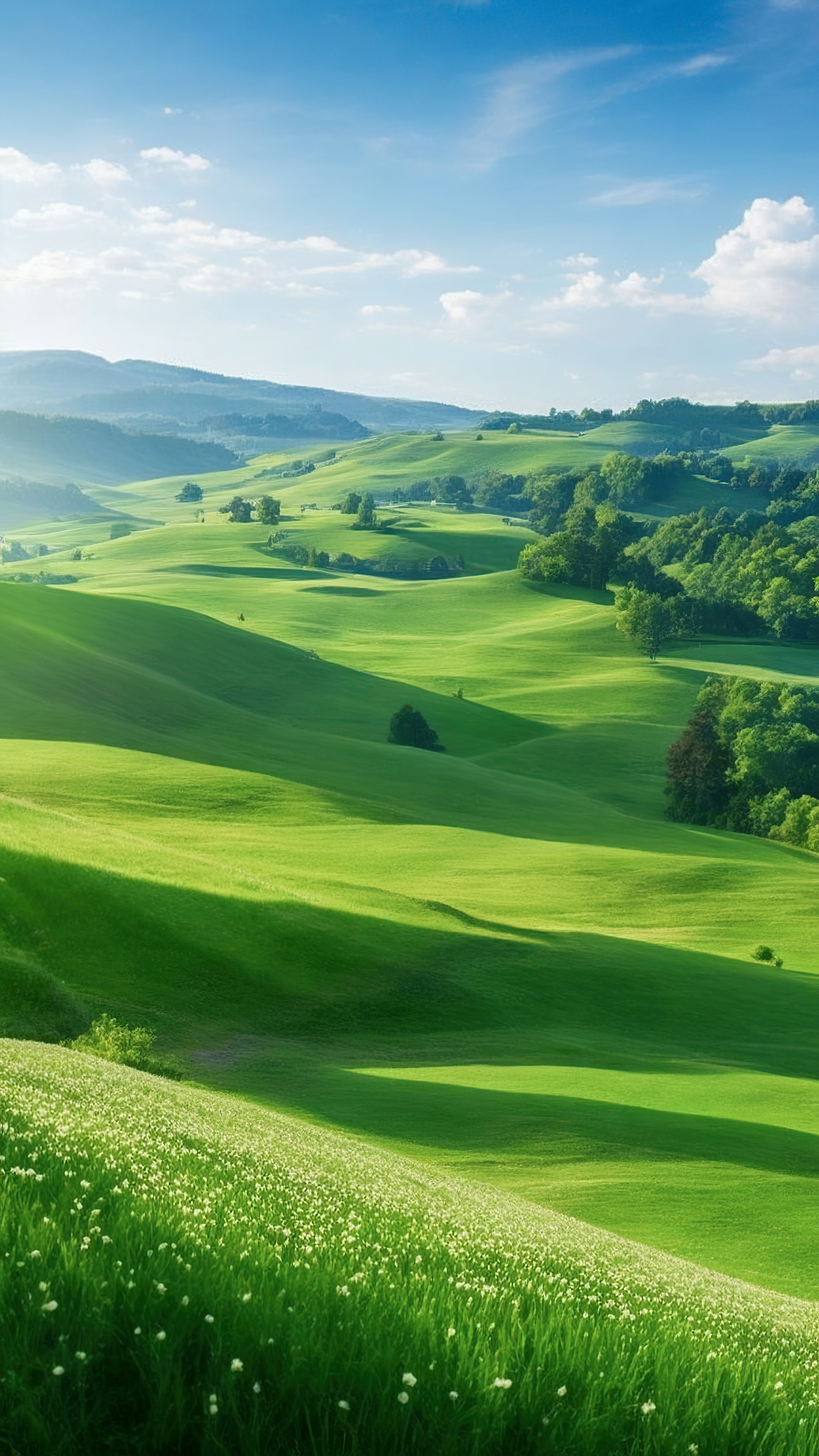 Faites l'expérience de la tranquillité avec notre joli fond d'écran nature, représentant une scène paisible de la campagne avec des collines ondulantes, des pâturages verts et un ciel clair. 