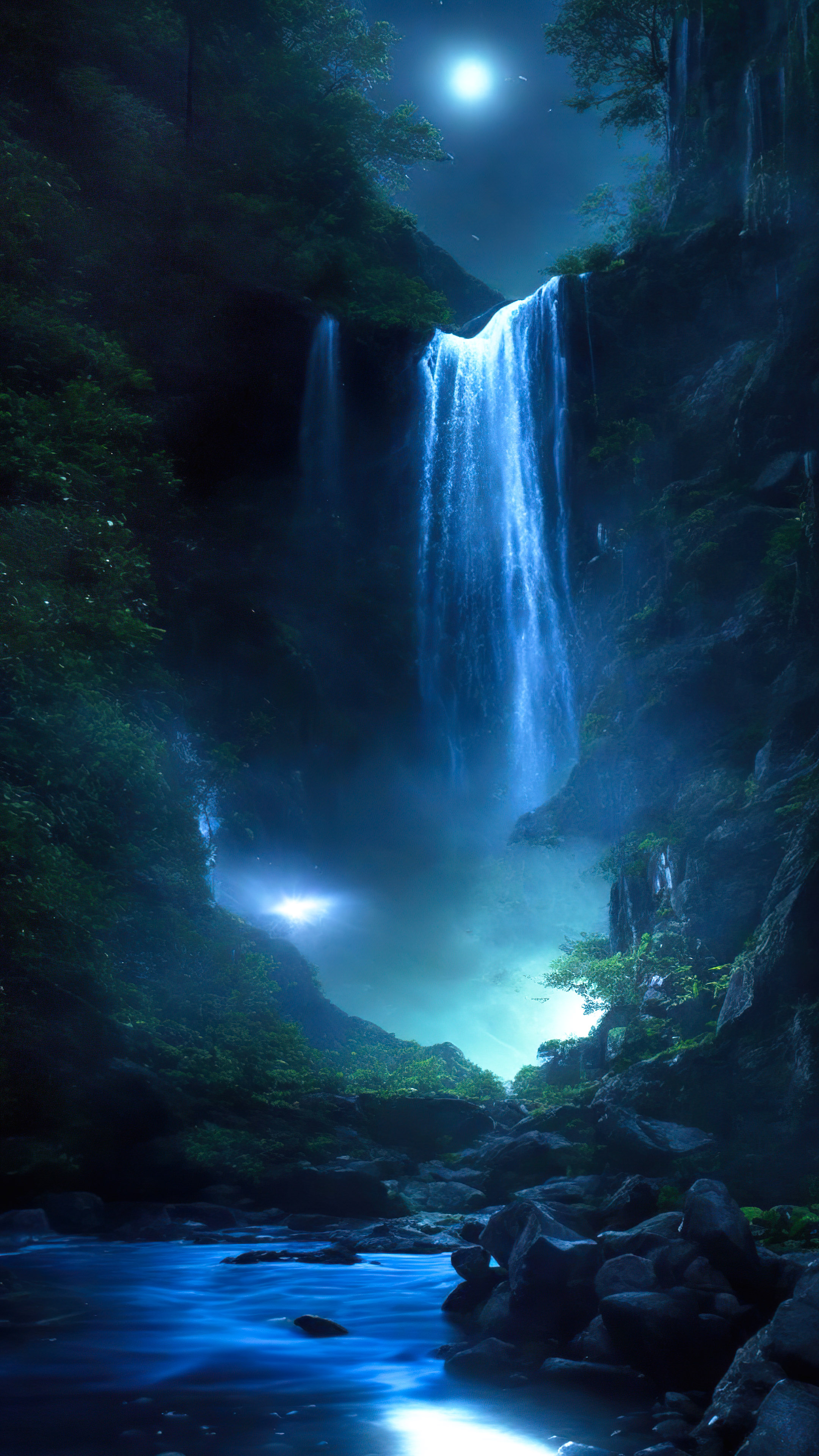 Capturez l'essence du paradis avec notre fond d'écran de belle cascade, présentant une cascade magique illuminée par la lune, avec des lucioles dansant autour de ses eaux déferlantes. 