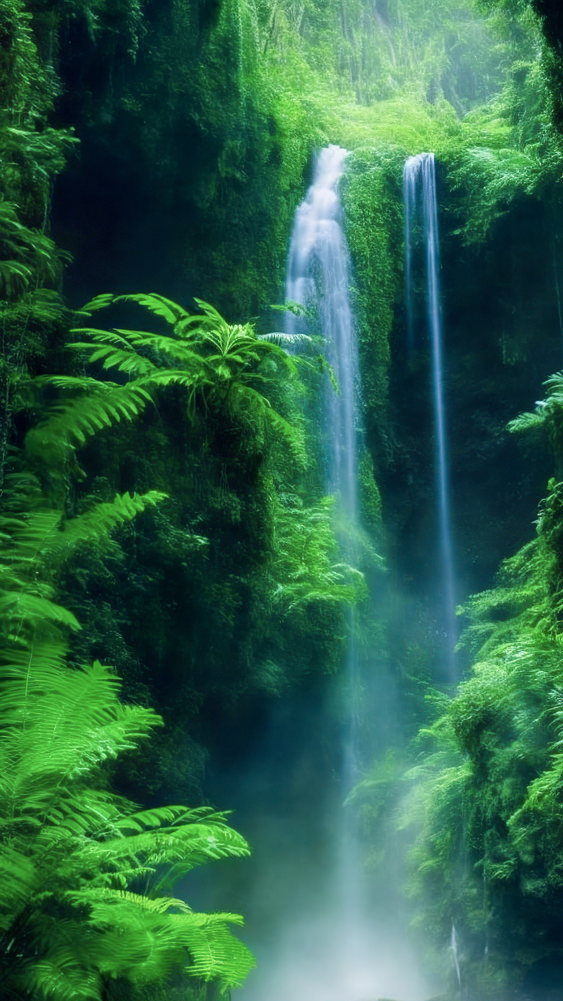 Get lost in the magic of our nature beautiful waterfall wallpaper, revealing an enchanting waterfall hidden deep in the lush, emerald-green rainforest.