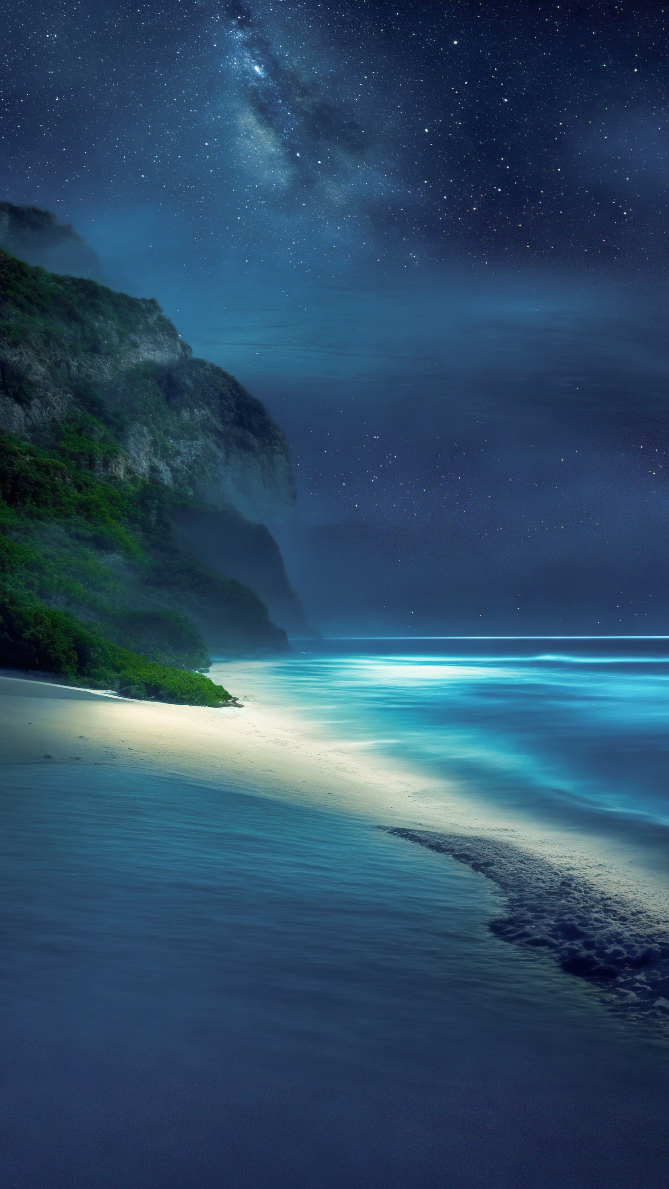 Transformez l'écran de votre appareil avec notre fond d'écran de plage de beaux paysages, représentant une plage tranquille la nuit, avec les vagues qui caressent doucement le rivage et une voûte d'étoiles au-dessus. 