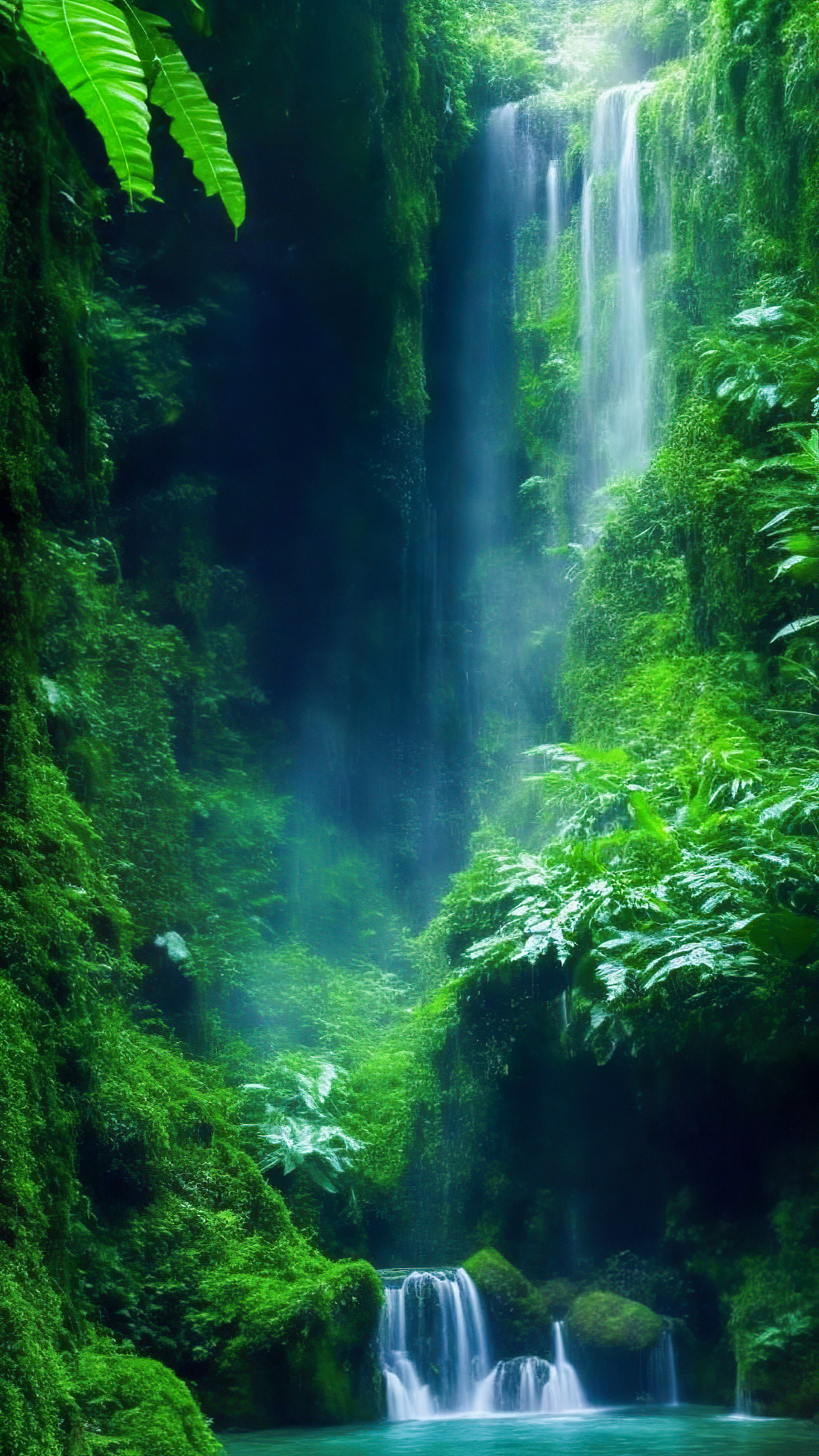 Get lost in the magic of our cute aesthetic background landscape, showcasing a mystical enchanting waterfall hidden deep in the lush, emerald-green rainforest.