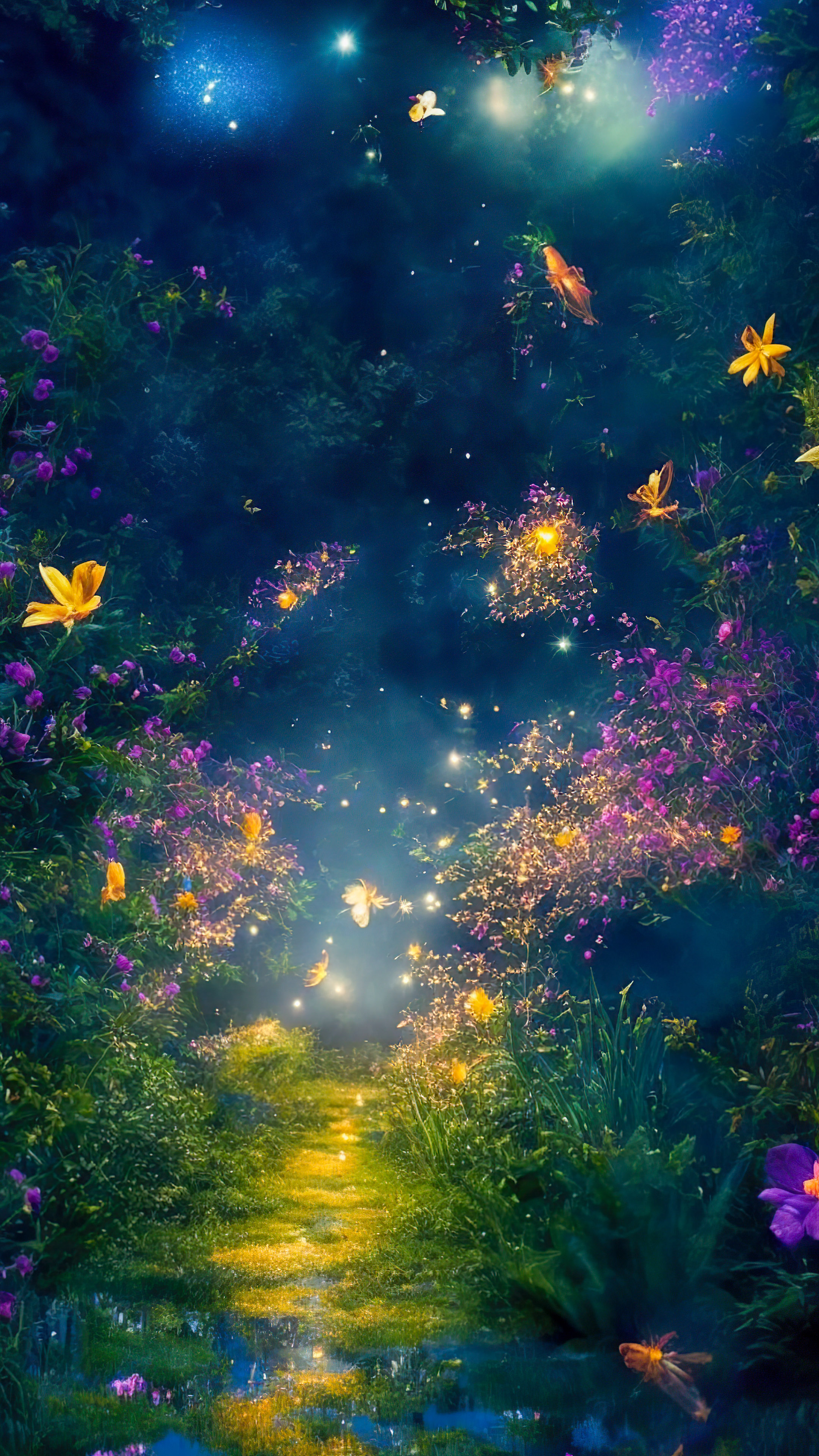 Download the whimsy of our fantasy landscape wallpaper, illustrating a magical and whimsical garden at night, where fireflies dance around vibrant, luminescent flowers.