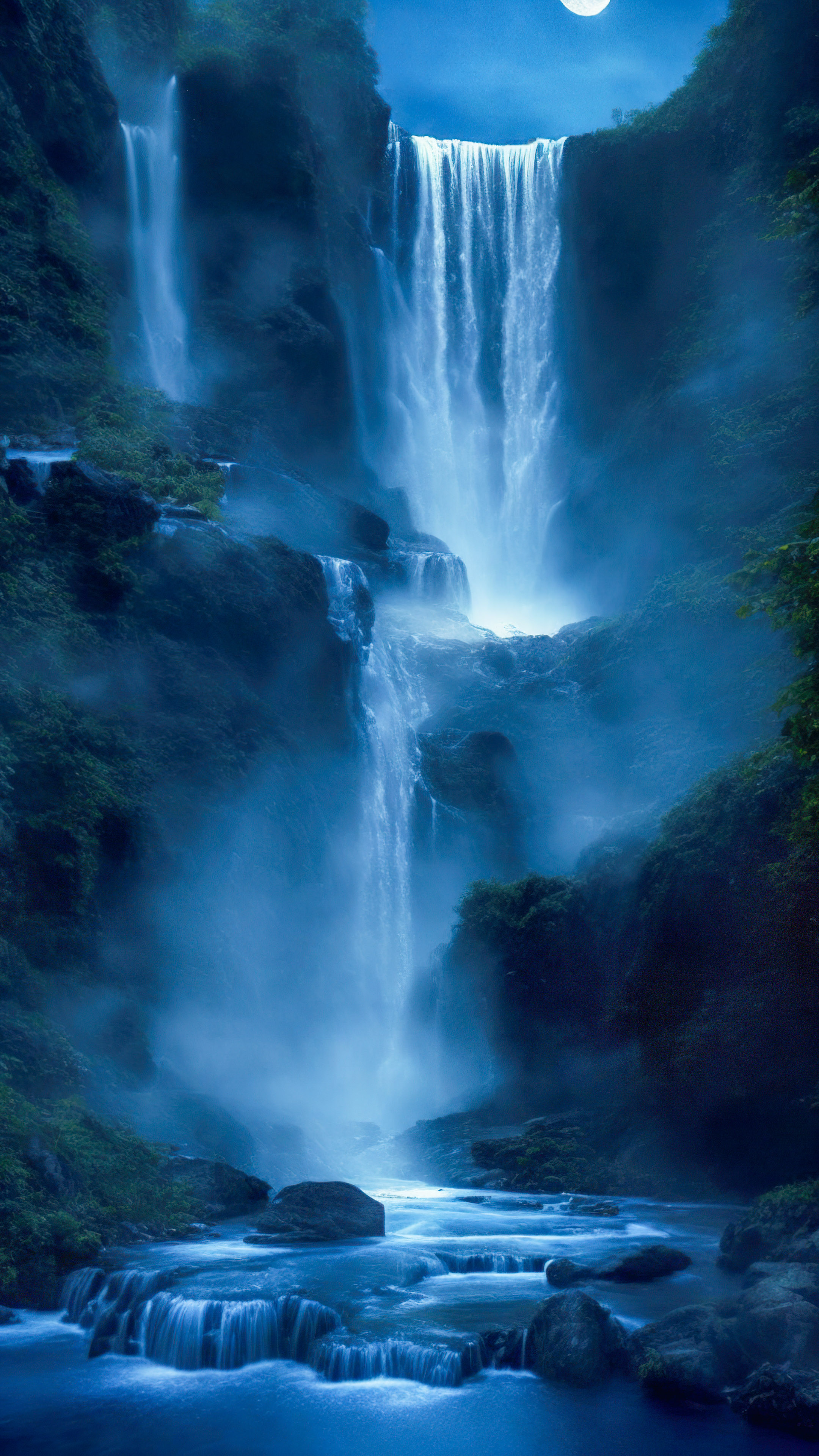 Adorn your iPhone with our landscape wallpaper in 4K, featuring a magical waterfall illuminated by moonlight, with fireflies dancing around its cascading waters.