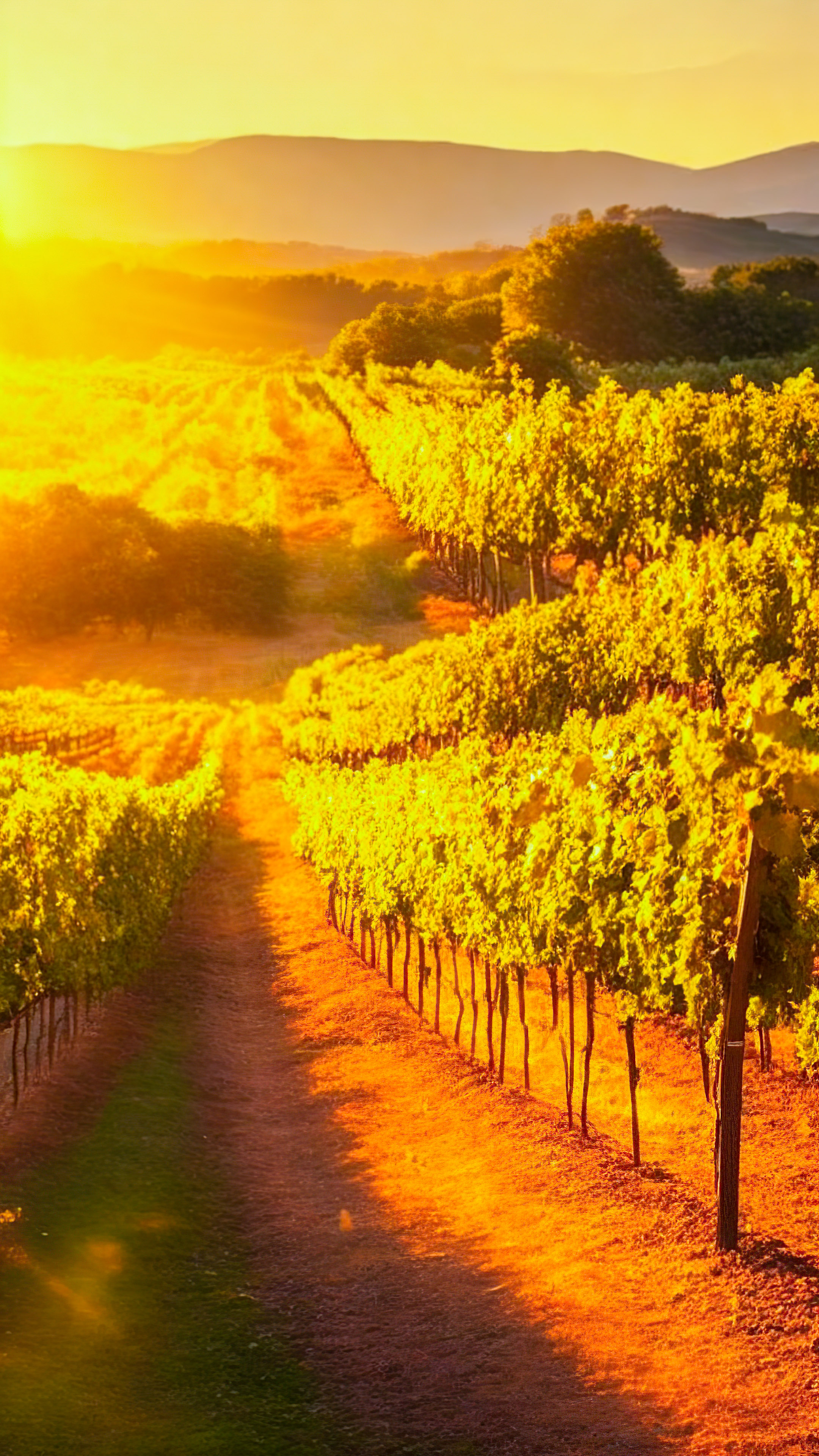 Download the serenity of the vineyard with our sunset landscape wallpaper for mobile, capturing a picturesque vineyard bathed in golden sunlight, with rows of grapevines stretching into the distance.