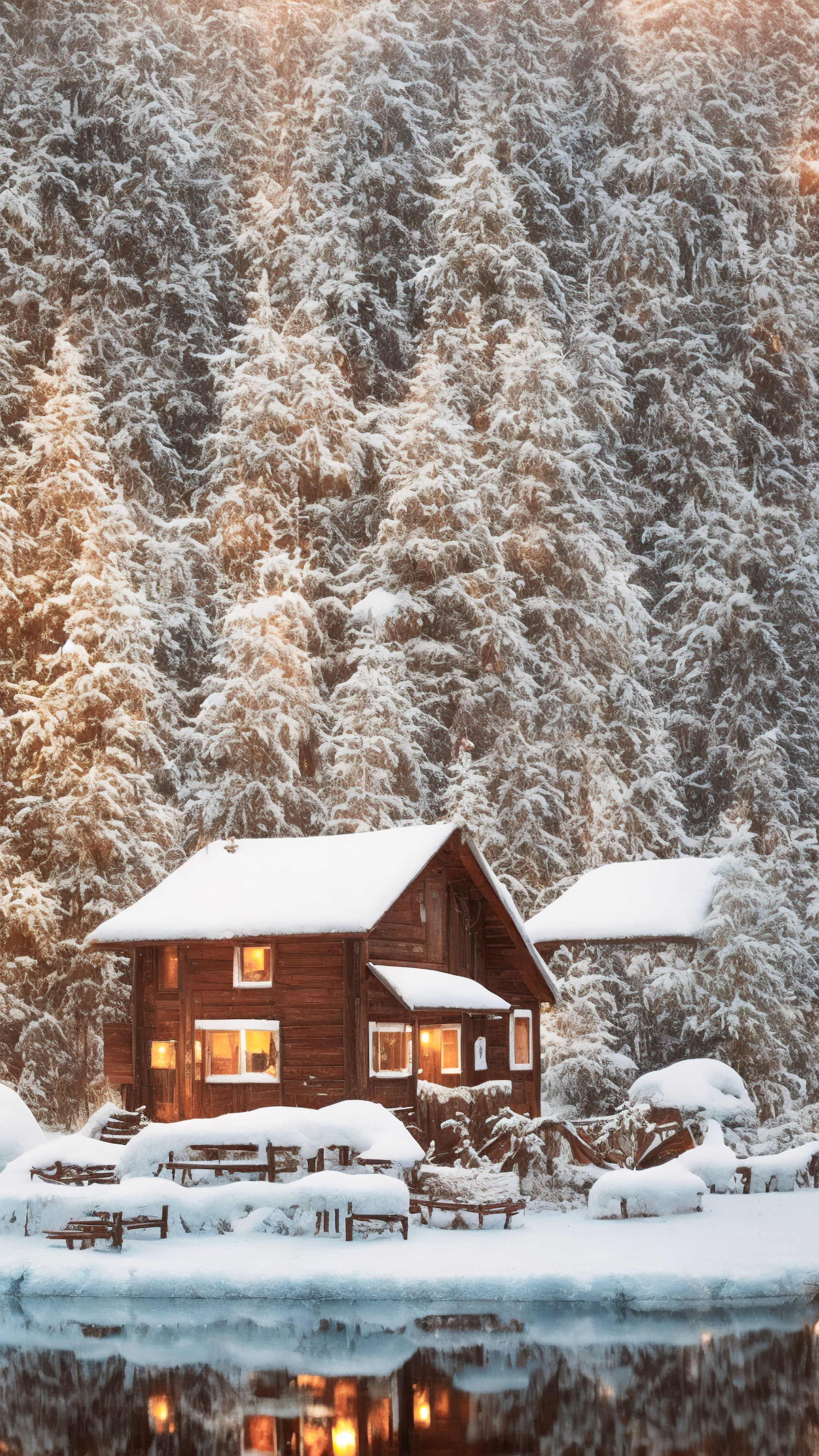 Discover the charm of winter with our landscape iPhone wallpaper, featuring a serene winter wonderland with snow-covered trees and a cozy cabin adorned with holiday lights.