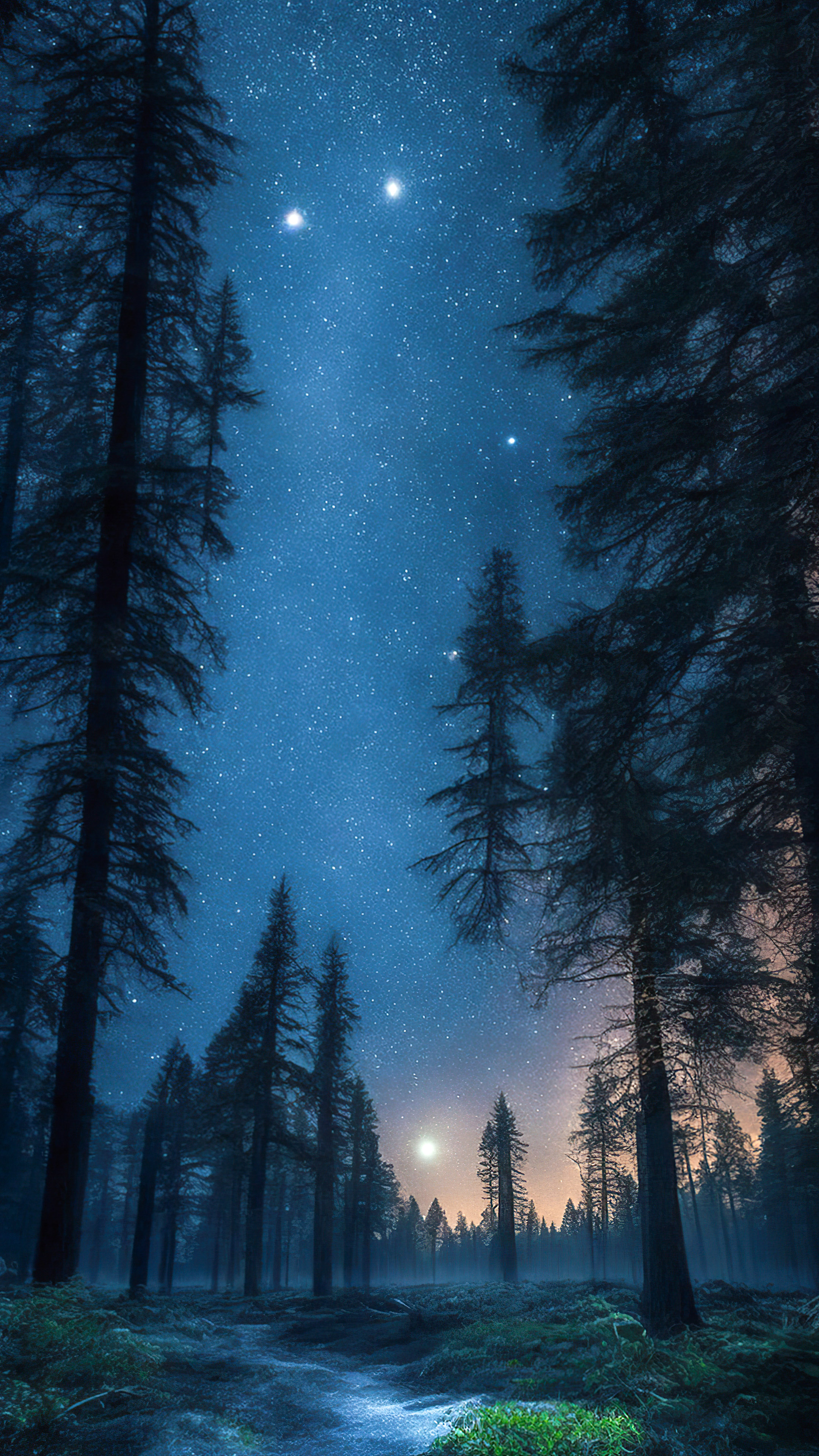 Experience the tranquility of our midnight sky wallpaper, depicting a tranquil forest at night, with tall, ancient trees under a starry sky and a soft, moonlit glow.