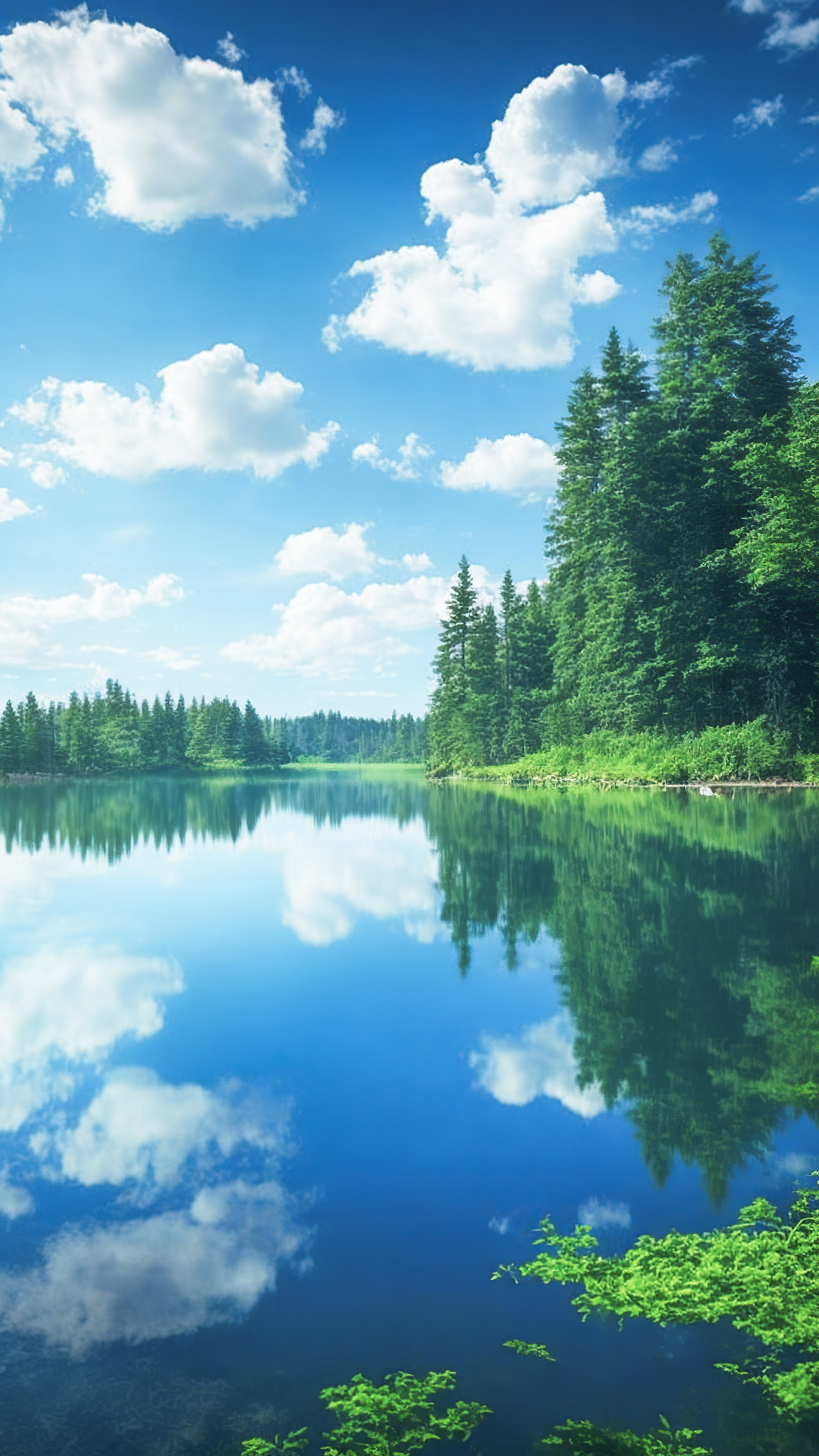 Apportez la beauté de la nature à votre appareil avec notre fond d'écran naturel de ciel et d'herbe, présentant un lac serein reflétant un ciel parsemé de nuages, entouré de forêts verdoyantes.