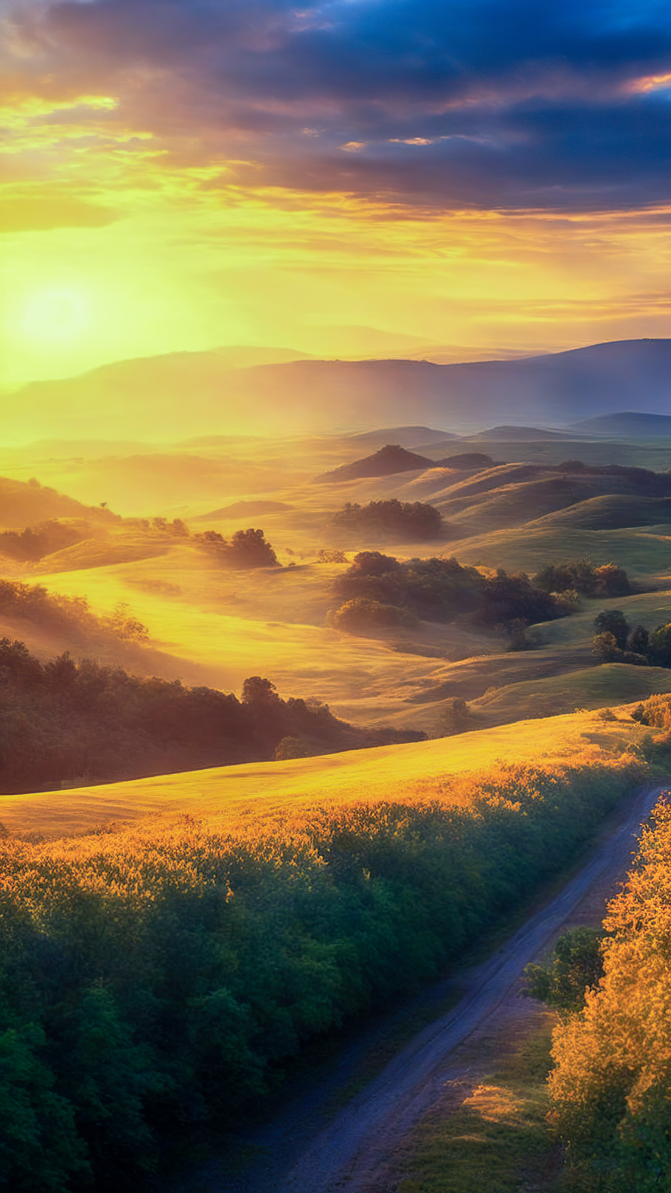 Capturez la brillance du ciel avec notre fond d'écran, présentant un lever de soleil à couper le souffle sur une campagne tranquille, avec des collines ondulantes et une lueur dorée chaleureuse.