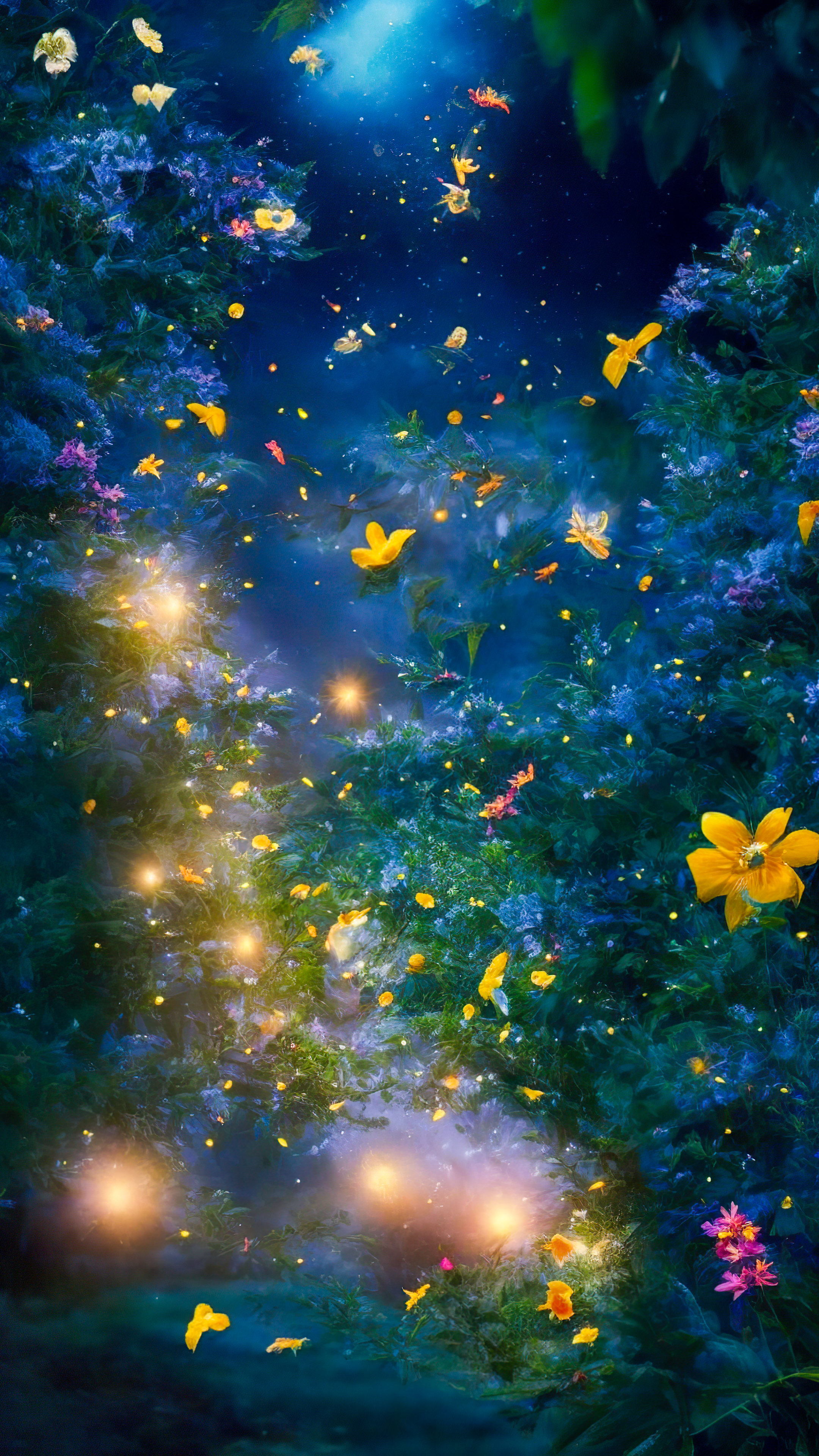 Vivez la fantaisie de notre fond d'écran de ciel nocturne esthétique, présentant un jardin magique et capricieux la nuit, où les lucioles dansent autour de fleurs lumineuses et vibrantes.
