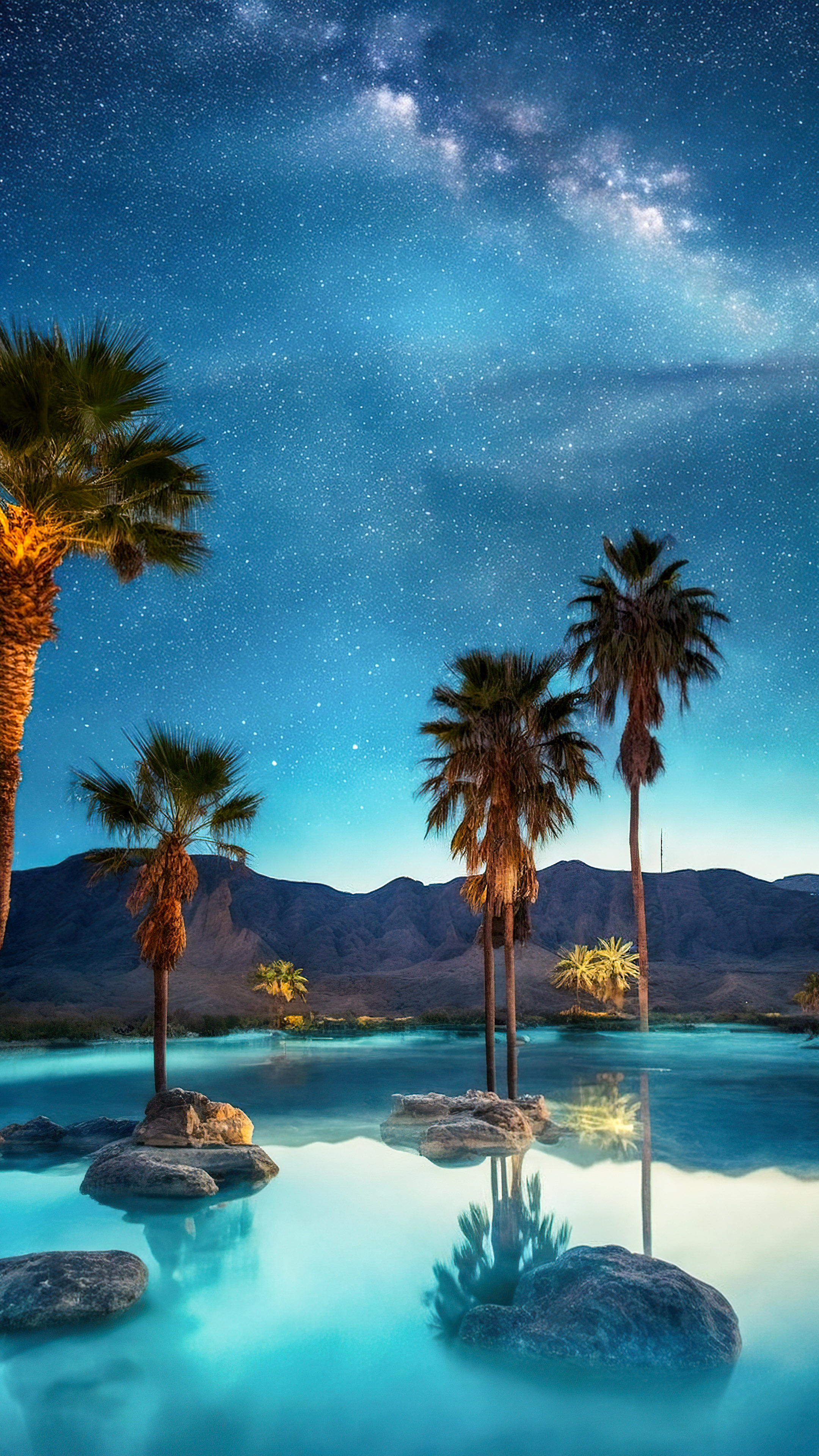 Transformez l'écran de votre appareil mobile avec notre fond d'écran de plage nocturne, où des palmiers entourent une piscine sereine et étoilée.