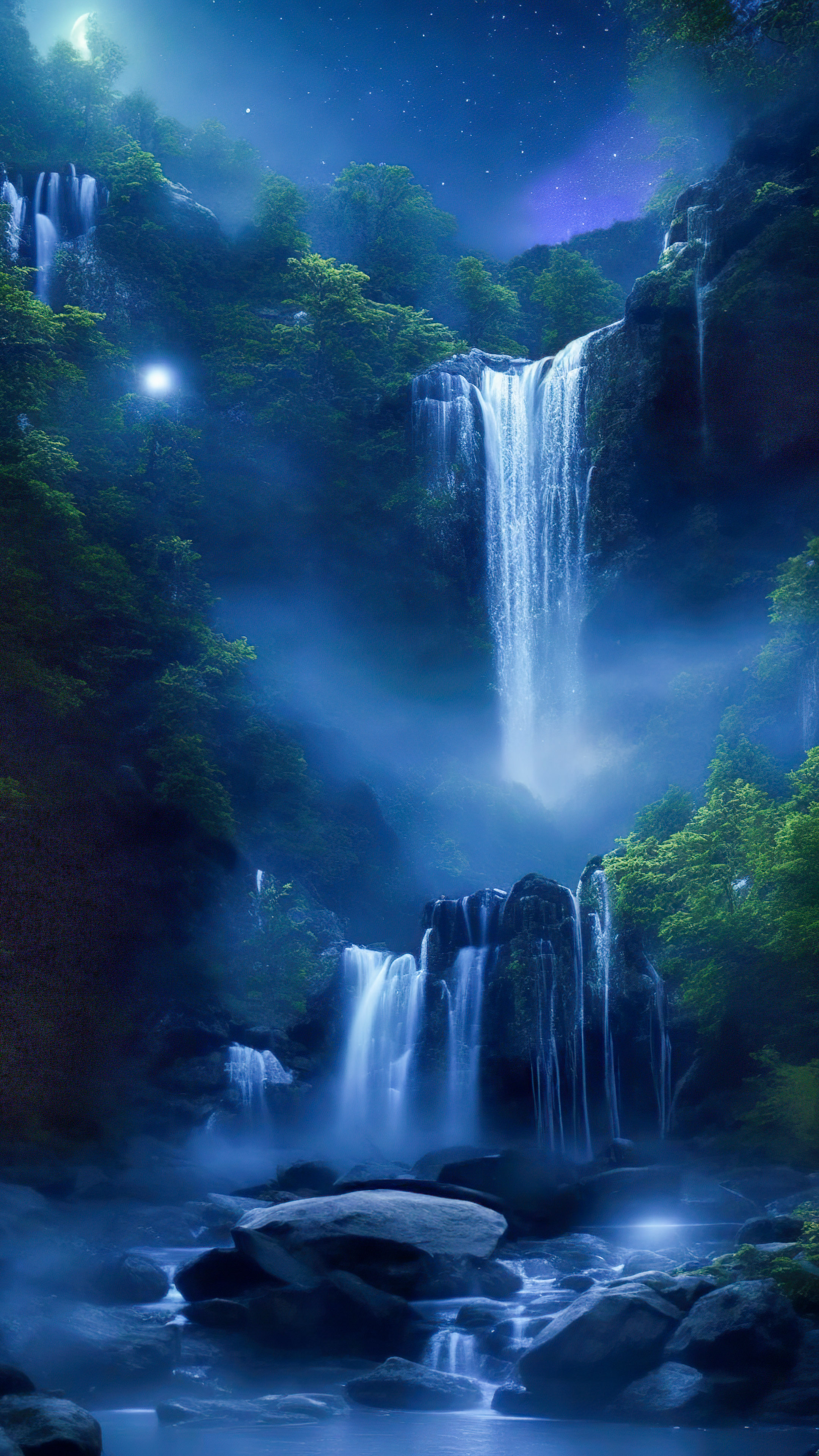Download the magic of our cool night background, illustrating a magical waterfall illuminated by moonlight, with fireflies dancing around its cascading waters.
