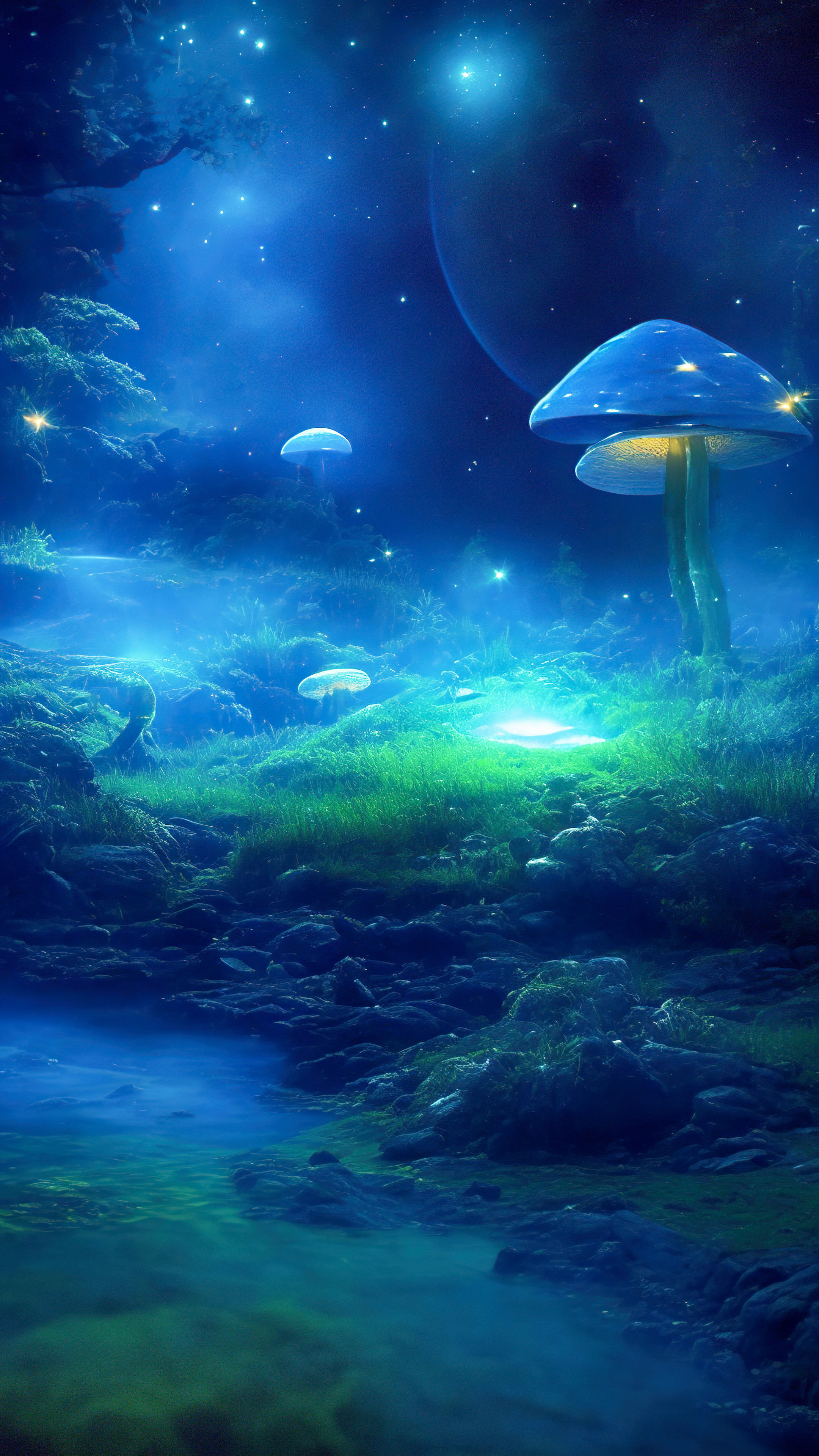 Découvrez notre fond d'écran de minuit, illustrant une clairière mystique avec des champignons bioluminescents, créant une scène enchantée et surnaturelle.