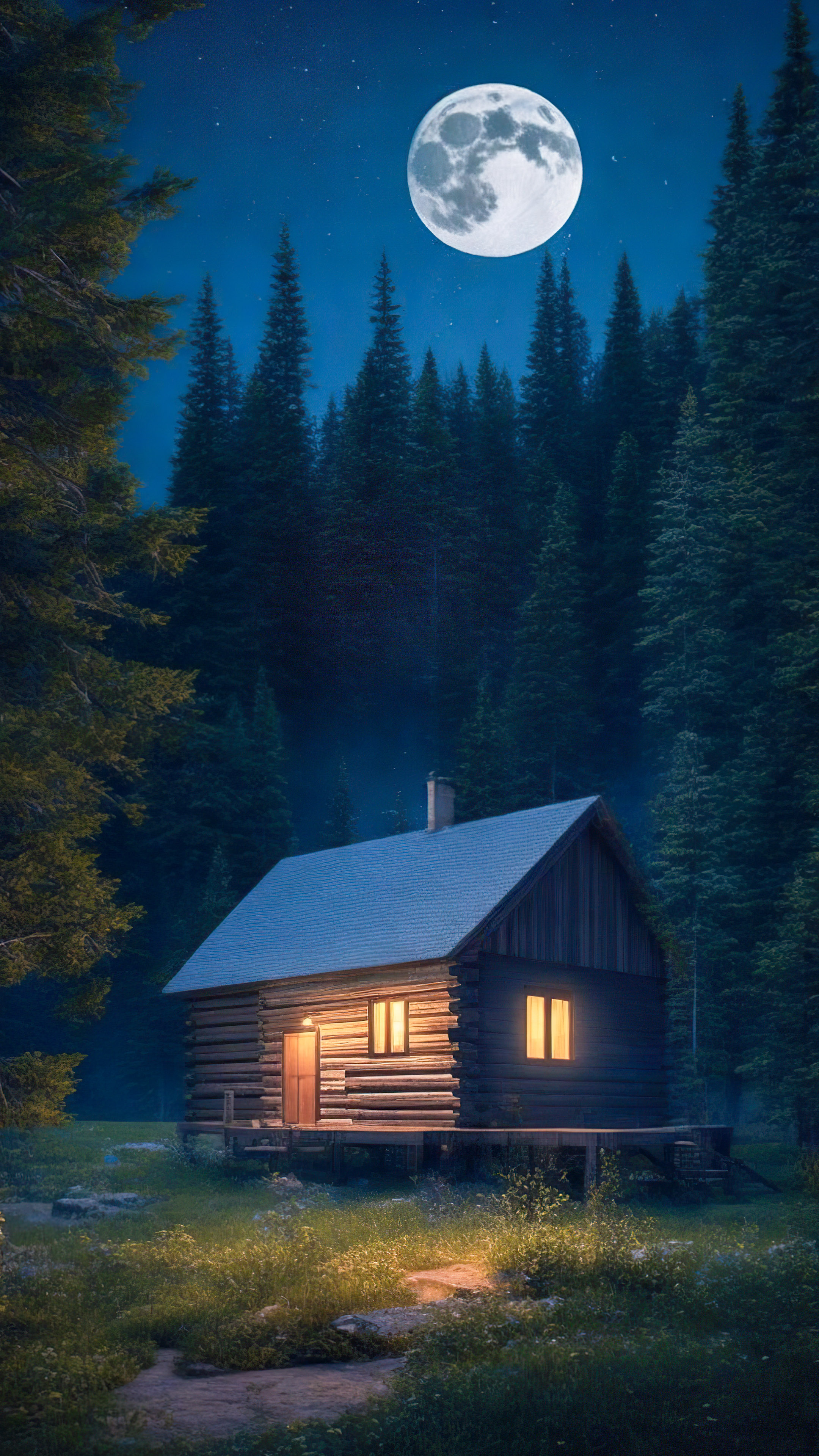 Adorn your phone with our night sky wallpaper, featuring a cozy cabin nestled among pine trees, bathed in the gentle light of a full moon.