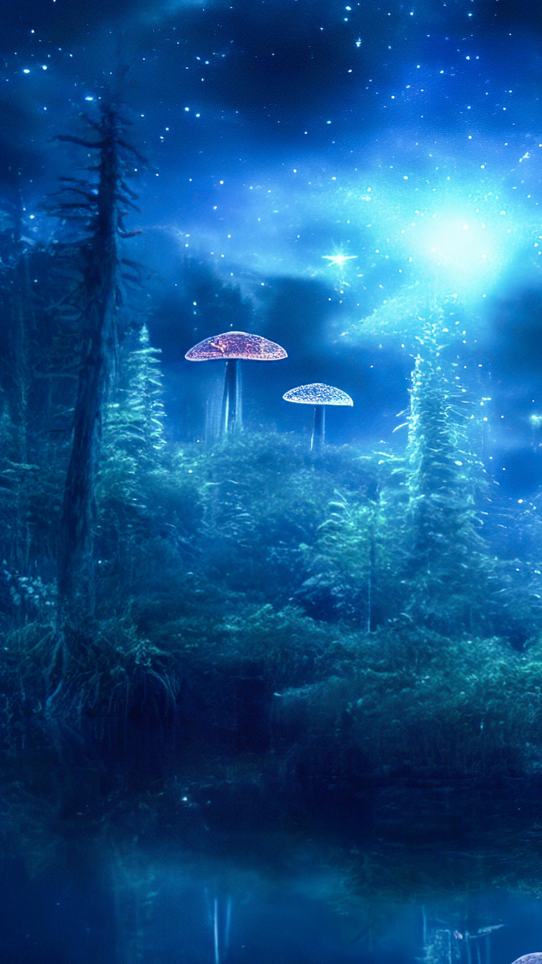 Transform your phone with HD nature wallpapers, illustrating a mystical glen with bioluminescent mushrooms, creating an enchanting, otherworldly scene.