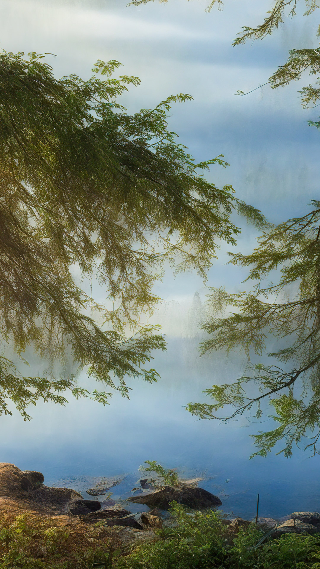 Téléchargez la tranquillité de nos fonds d'écran de paysages en HD 1080p, capturant une scène paisible au bord d'un lac à l'aube, avec de la brume s'élevant de l'eau et la première lumière du jour.
