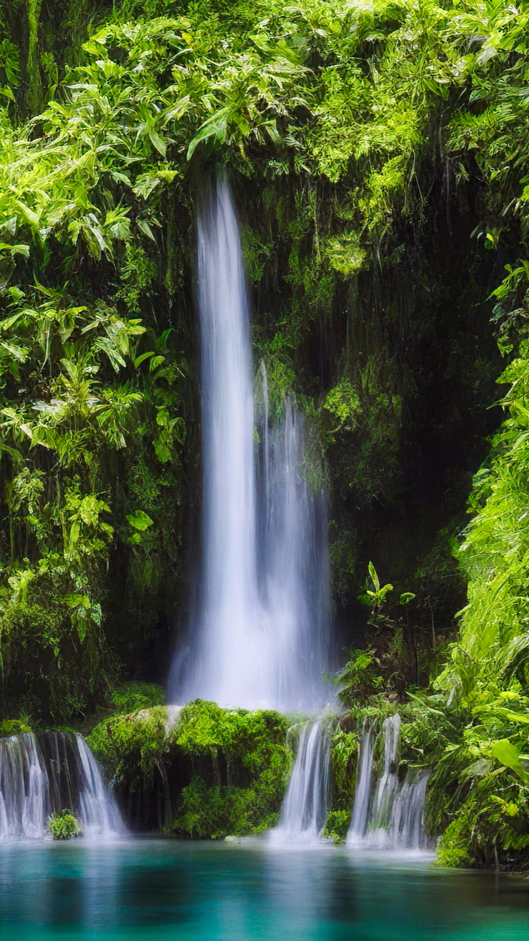 Experience our high-resolution nature wallpaper, featuring an enchanting waterfall hidden deep in the lush, emerald-green rainforest.