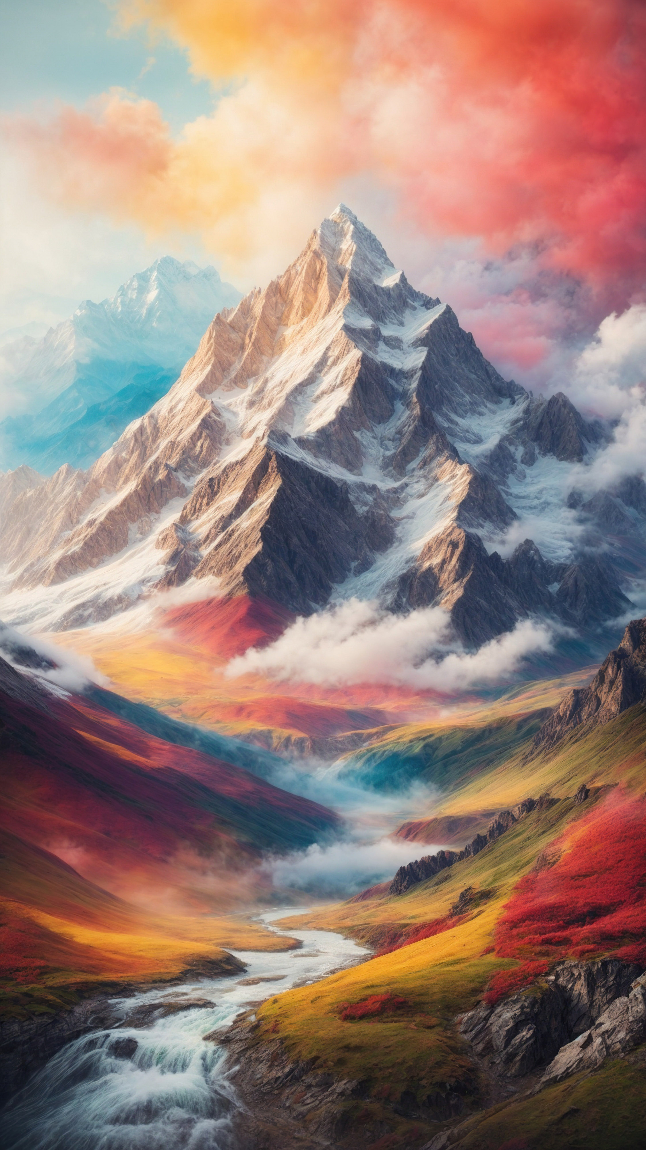Appréciez l'art d'une montagne artistique avec un style de peinture et un coup de pinceau, sur fond coloré, avec notre fond d'écran de montagne iOS.