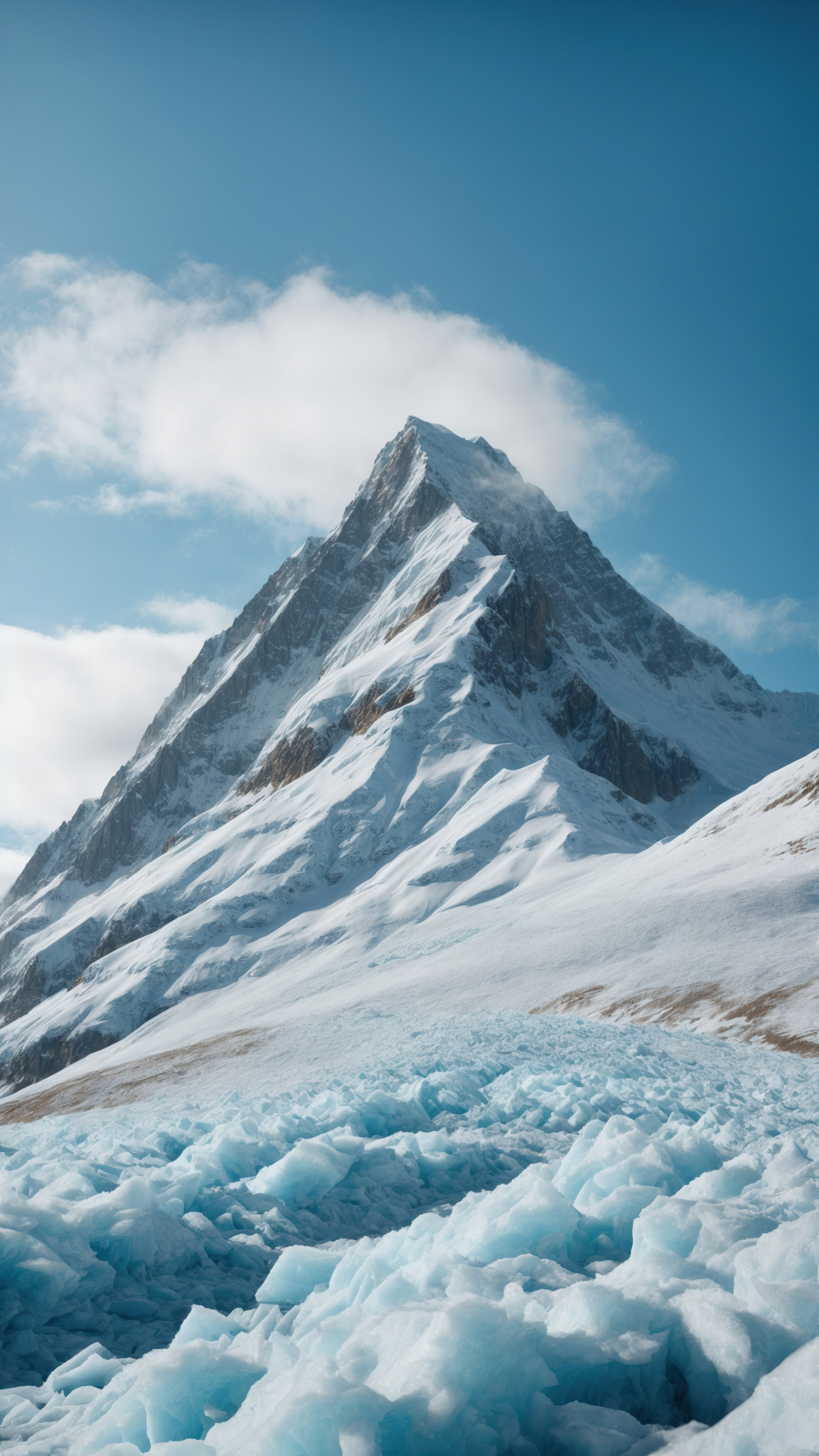 Vivez le froid d'un sommet de montagne couvert de glace et de neige, sous un ciel bleu clair, avec notre fond d'écran de neige pour iPhone.