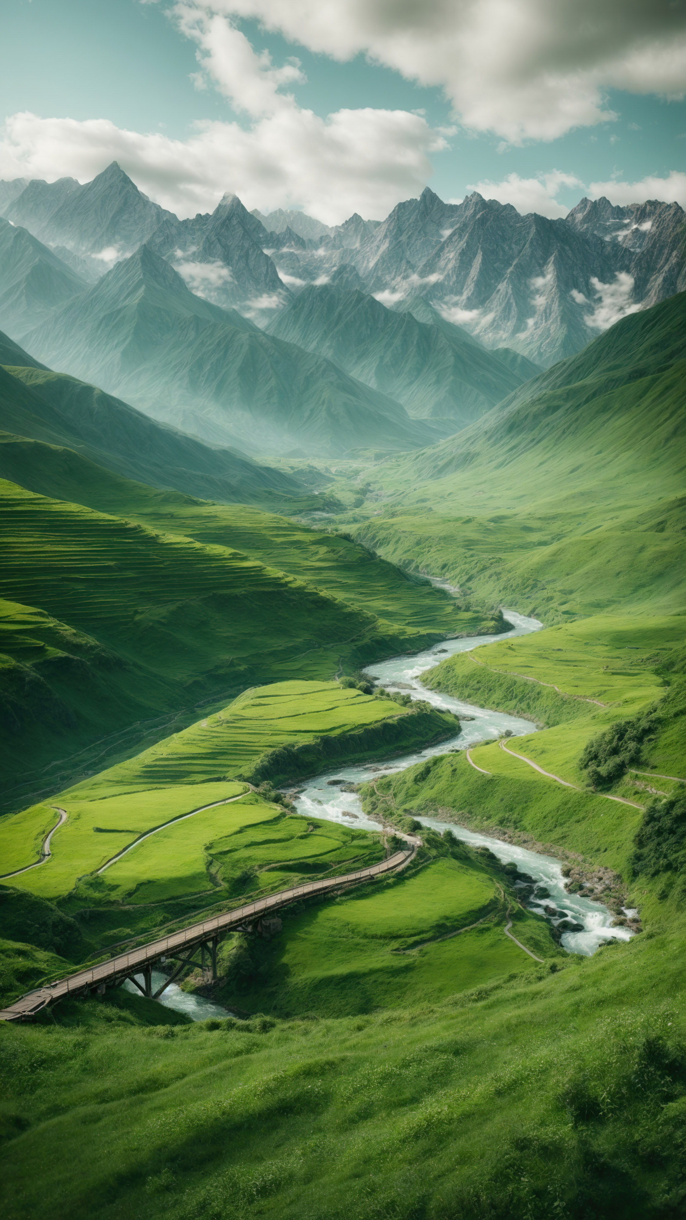 Delight in the tranquility of a green valley surrounded by majestic mountains, featuring a winding river and a wooden bridge, with our mountain range iPhone wallpaper.