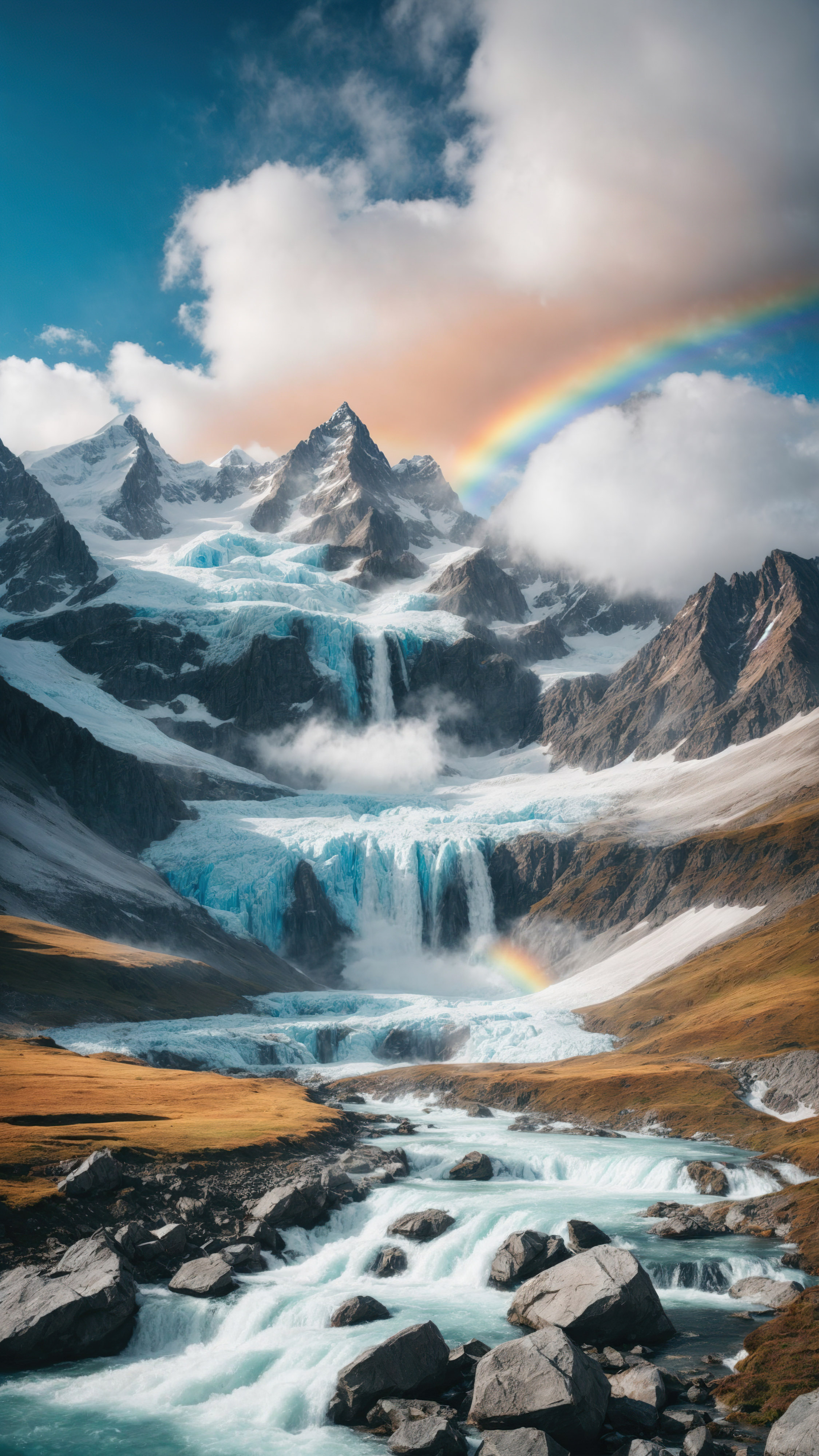 Ressentez le froid d'une chaîne de montagnes enneigées avec un glacier et une cascade, sous un arc-en-ciel et un ciel bleu, avec notre économiseur d'écran de montagne pour iPhone.