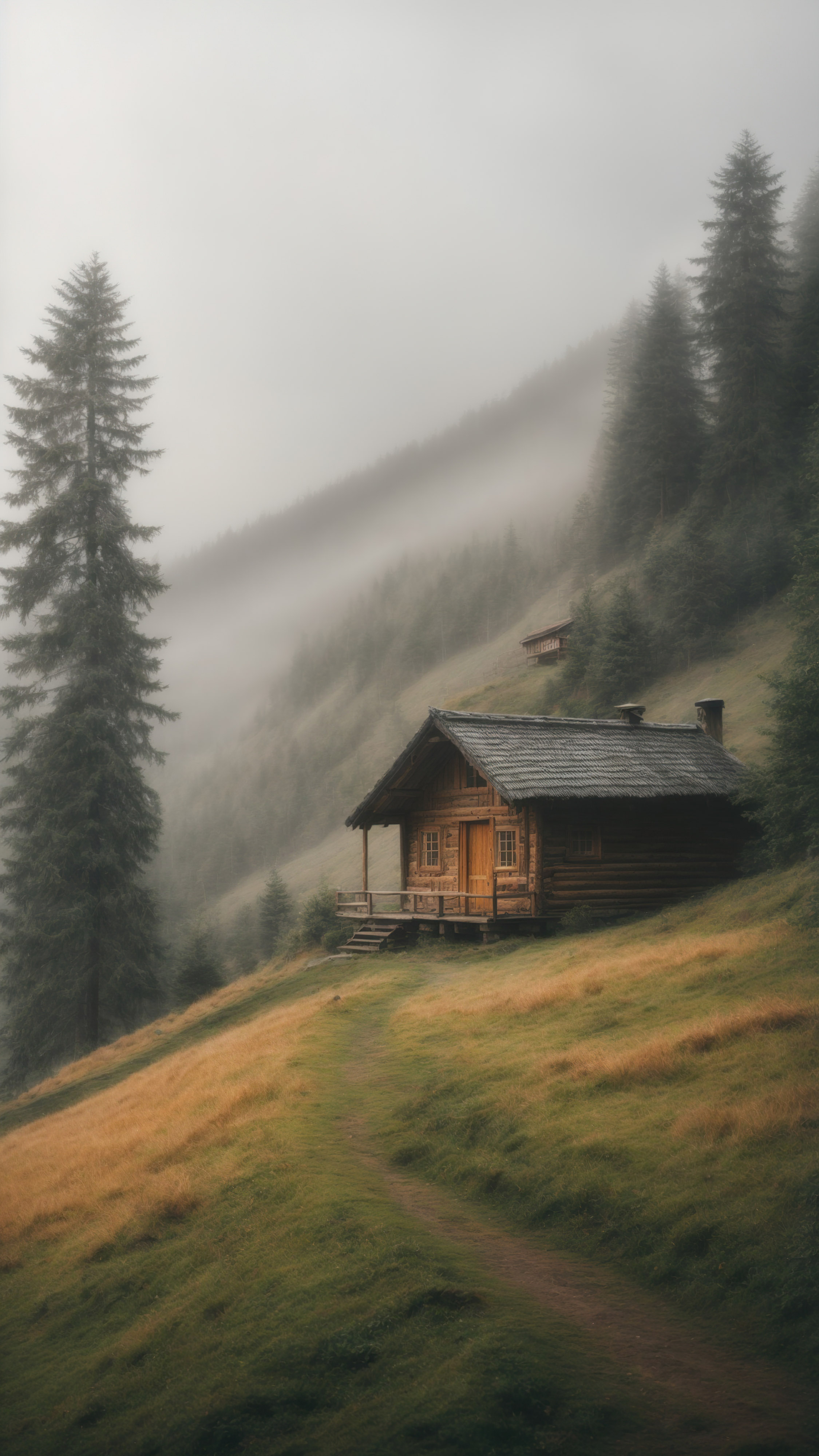 Apercevez un matin brumeux dans les montagnes, avec une forêt brumeuse et une cabane en bois, avec notre fond d'écran de vue sur la montagne pour iPhone.