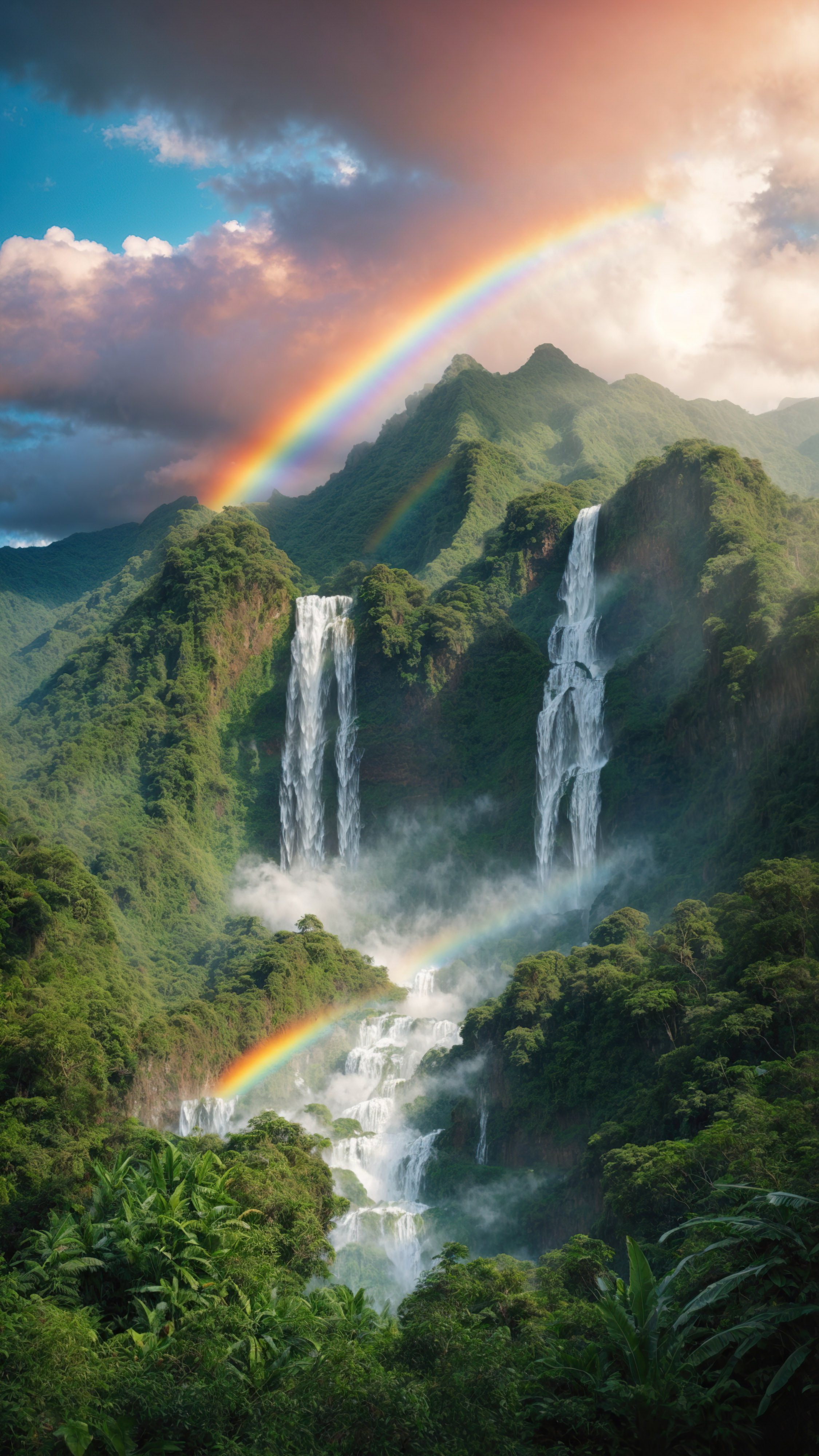 Immergez-vous dans la luxuriance d'une montagne tropicale avec une jungle et une cascade, complétée par un arc-en-ciel et un ciel bleu, avec notre fond d'écran de montagne en 4K pour iPhone.