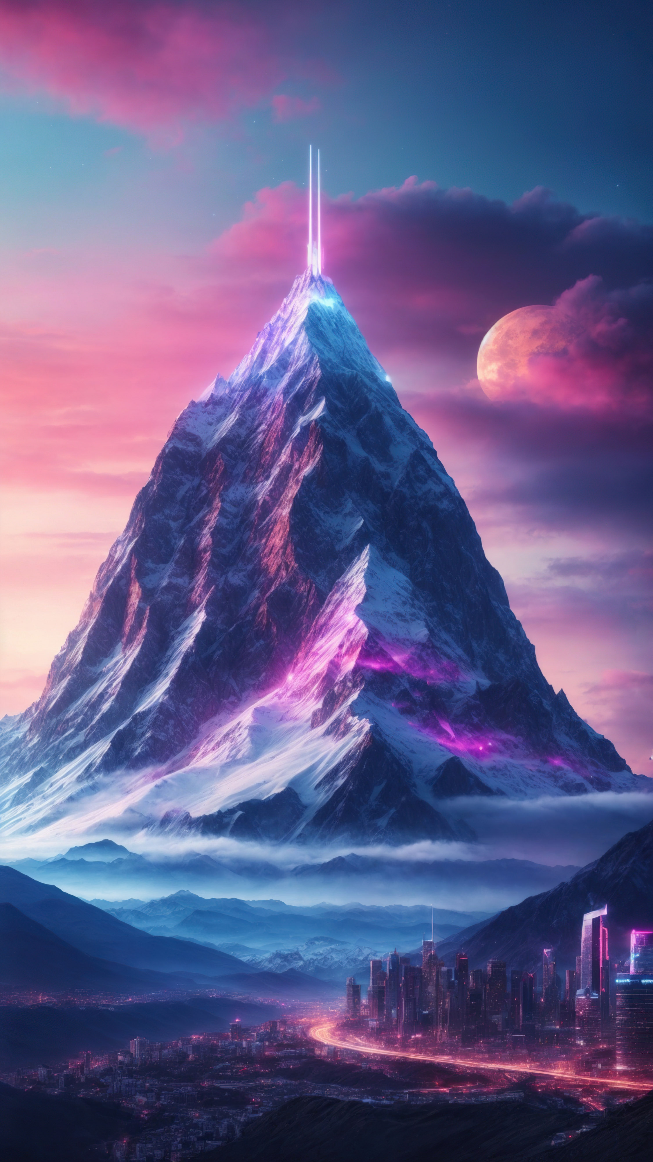 Entrez dans le futur avec notre fond d'écran de montagne violet pour iPhone, présentant une montagne futuriste avec une ville et un vaisseau spatial, sous un ciel néon et une étoile.