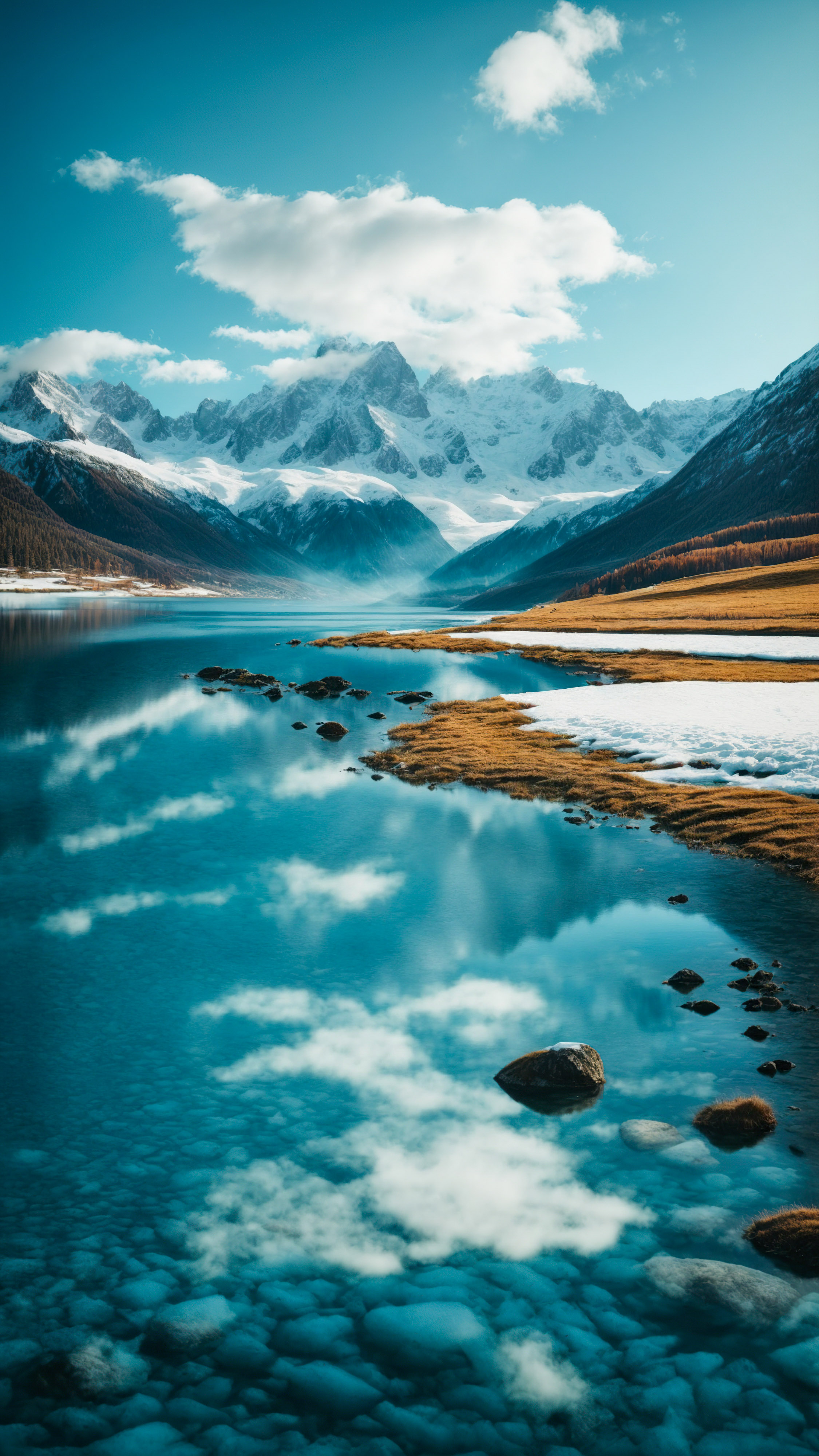 GLaissez-vous captiver par la vue panoramique des montagnes enneigées et du ciel bleu, avec un lac calme reflétant le paysage, avec notre fond d'écran pour iPhone montagnes.