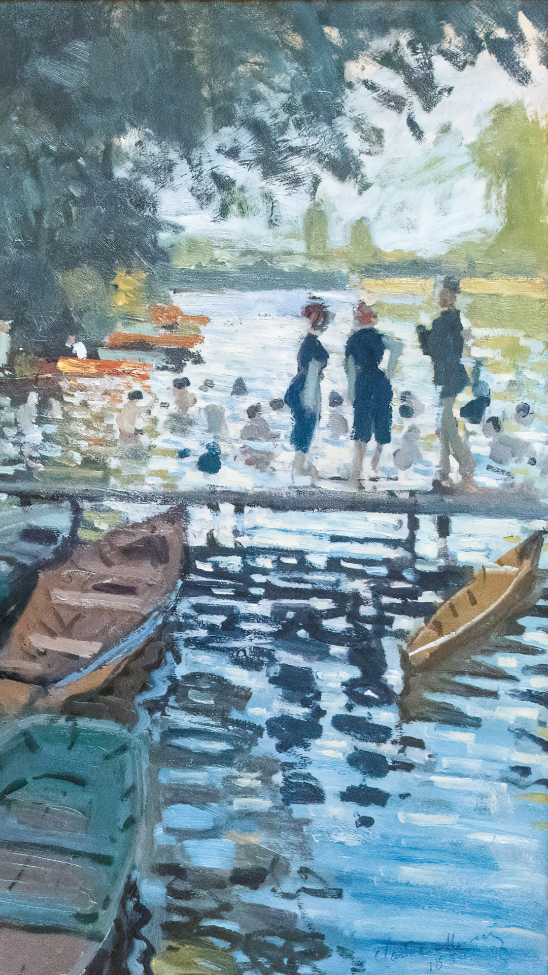 Bask in the leisurely charm of Bathers at La Grenouillère, where Monet's phone impressionism wallpaper captures the joy of riverside recreation.