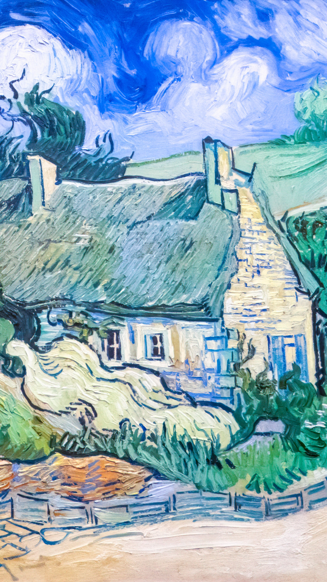 Escape to the rustic charm of Thatched Cottages at Cordeville, where 1080p vincent van Gogh wallpaper transforms your devices into windows to idyllic landscapes.
