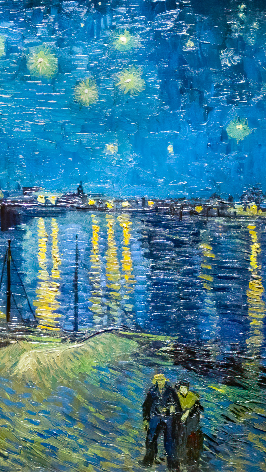 Experience the celestial wonder of van Gogh's Starry Night Over the Rhône wallpaper, as the night sky dances with luminous reflections, adorning your screens with timeless beauty.
