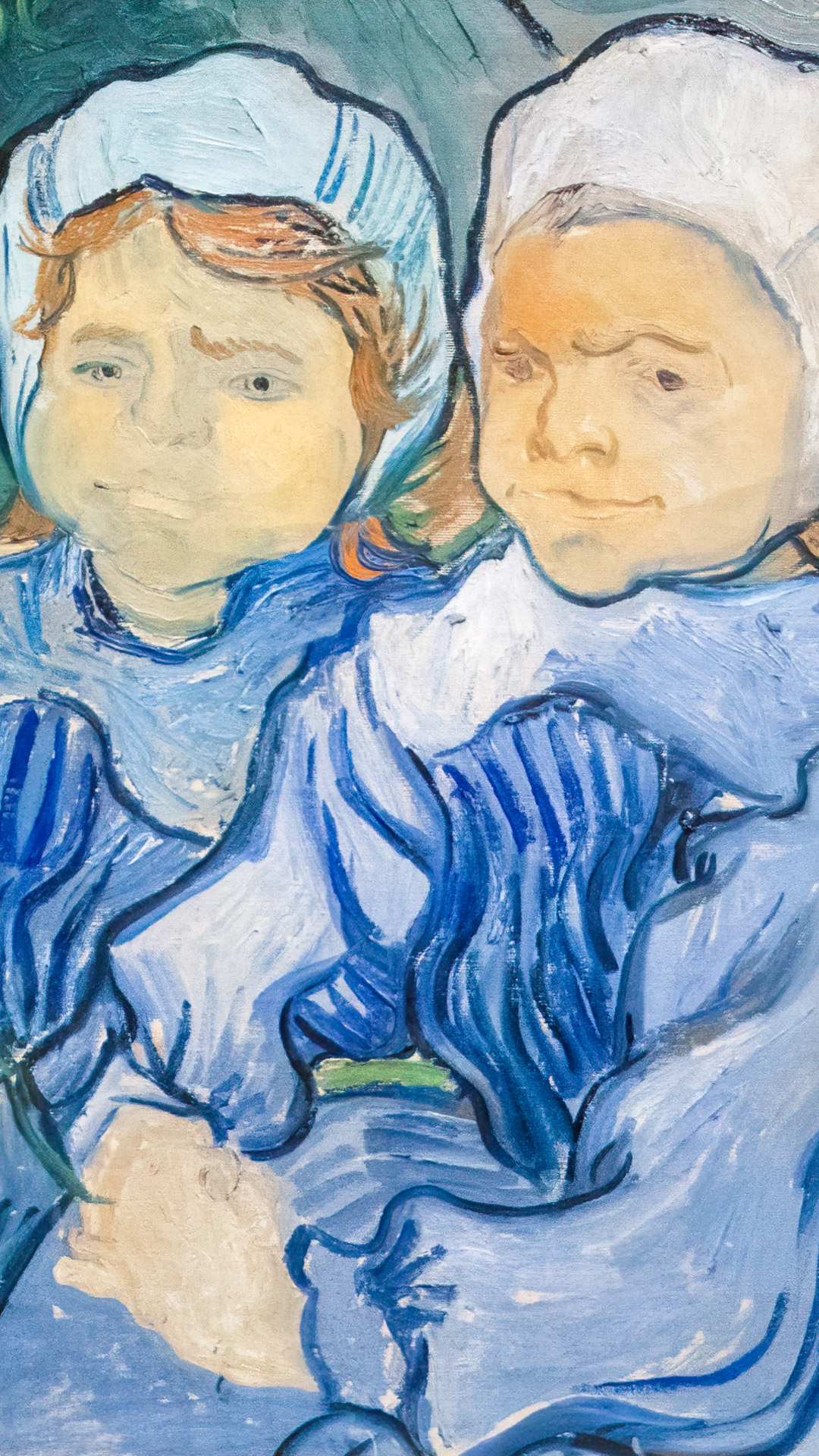Two Children lockscreen for iPhone adds a touch of innocence and charm to your device, a free download capturing Van Gogh's tender portrayal.