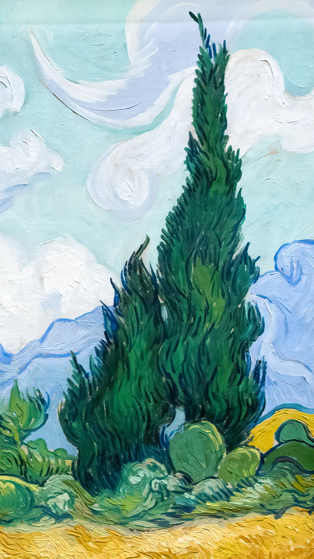 Wander through the golden fields of Wheat Field with Cypresses mobile wallpaper, as Van Gogh's artistic brilliance transforms your digital backdrop.