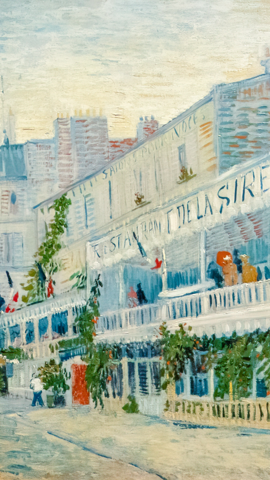 Get lost in the lively and atmospheric scene of ‘Le Restaurant de la Sirène à Asnières’ wallpaper hd, featuring the bustling and colorful restaurant that Van Gogh visited in 1887.